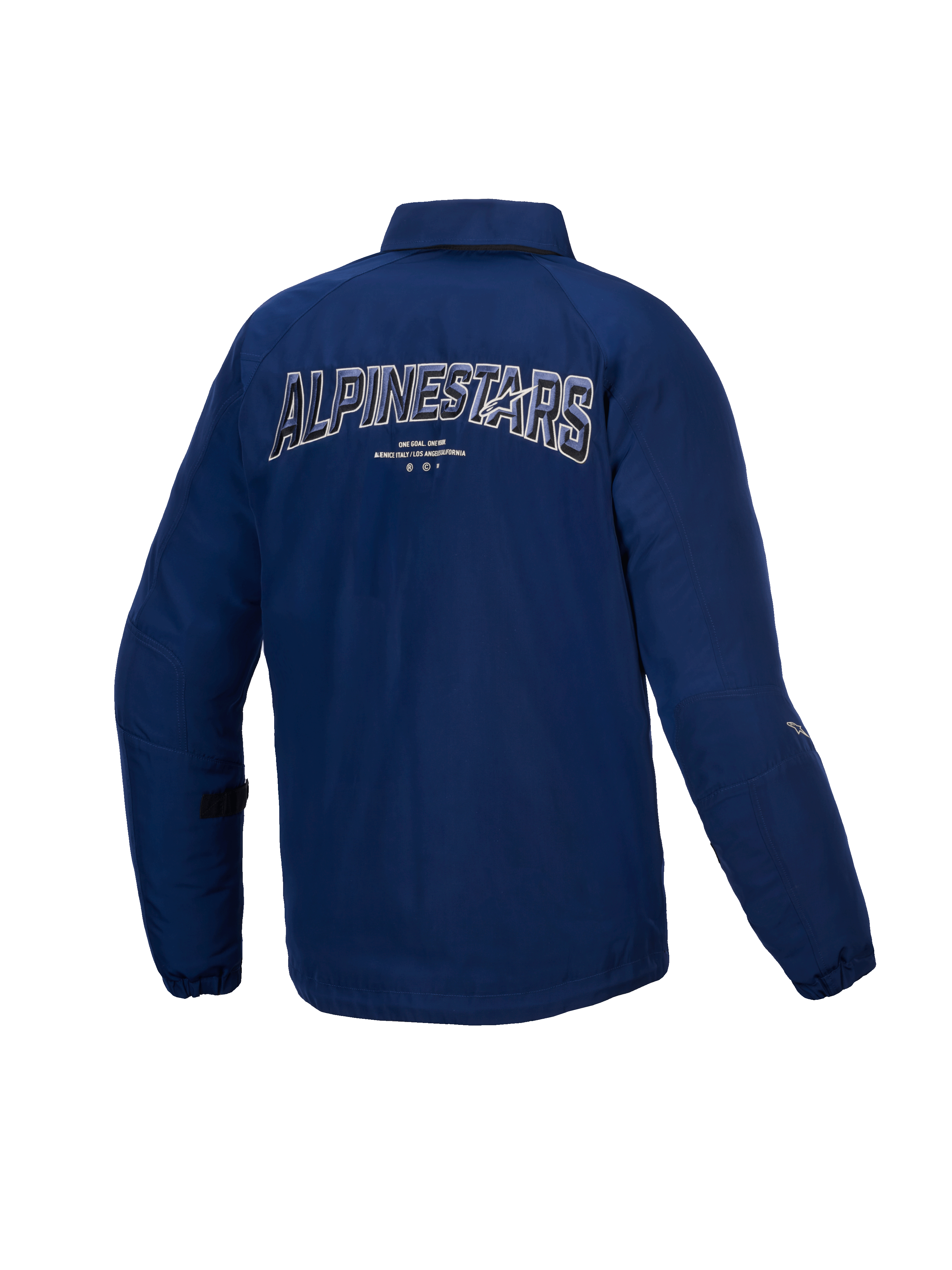 Alpinestars Revved vattenavvisande jacka, herrmotorcykeljacka i blått, baksida som visar dynamiskt 3D-broderi och CE-certifierad satin.