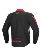 Alpinestars Honda T-Jaws V4 WP Jacket, Rear View, Black with Bright Red and White accents, featuring a red Honda logo on the lower back and Alpinestars star logo on the upper back, textile sport riding jacket with reflective detailing