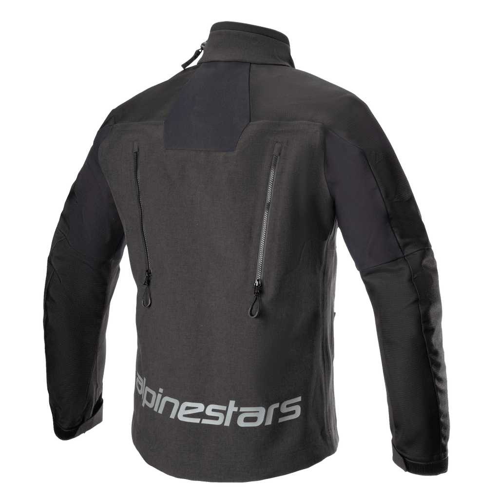 Alpinestars Hyde XT Drystar® XF Jacket, Motorcycle Jacket, Black, back view featuring a large reflective Alpinestars logo across the lower back, dual vertical exhaust vents with zippers, and textured ripstop panels