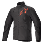 Alpinestars Hyde XT Drystar XF Jacket, Black and Bright Red technical motorcycle jacket, large red star logo on the chest, vertical chest ventilation zippers, high collar, textured four-way stretch fabric, designed for adventure and off-road riding