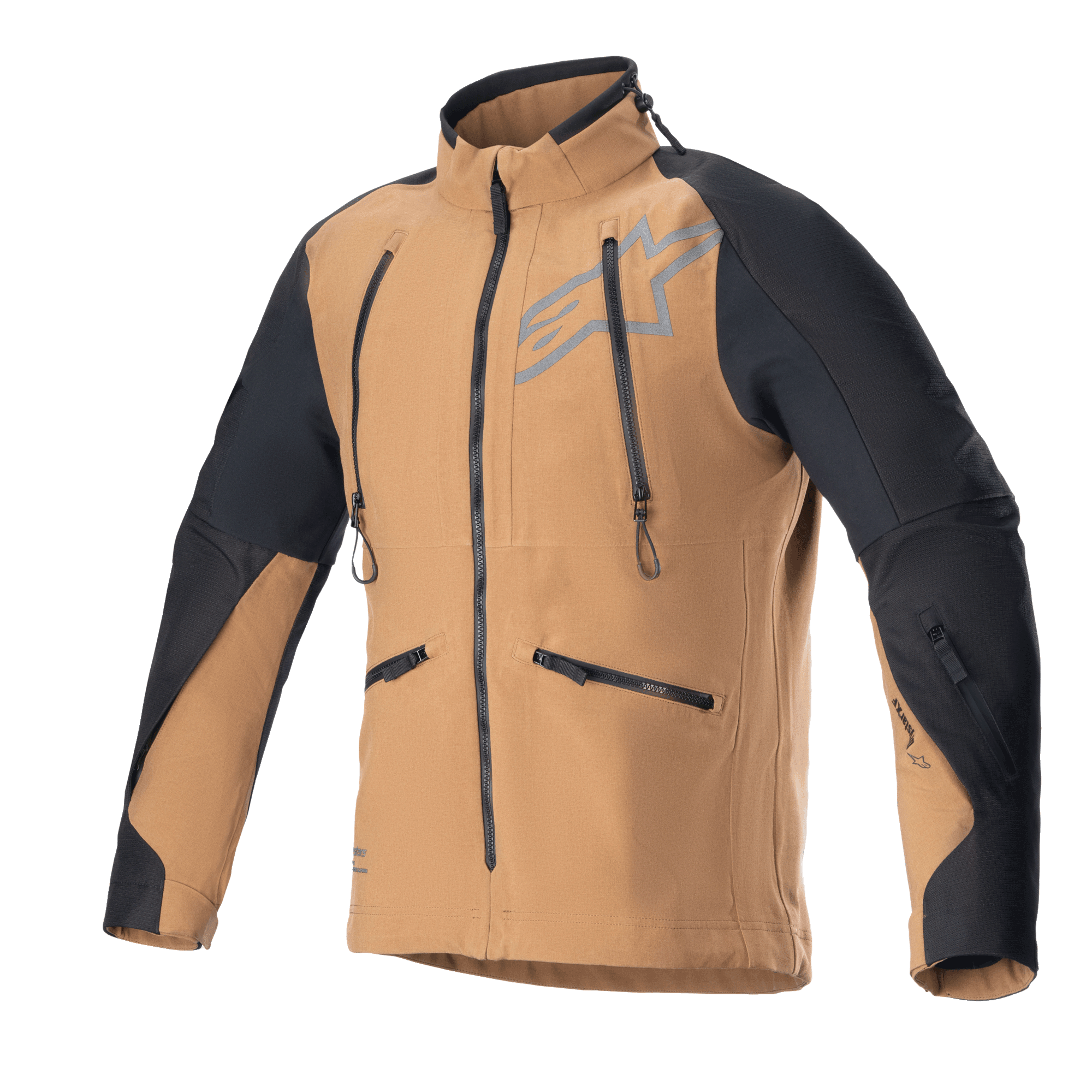 Alpinestars Hyde XT Drystar XF jacka, motorcykeljacka för äventyrstouring, sandfärgad och svart, med vertikala ventilationsdragkedjor på bröstet och sidfickor, svarta ripstop-paneler på axlar och armar, hög krage, vattentät textilkonstruktion för offroad-körning