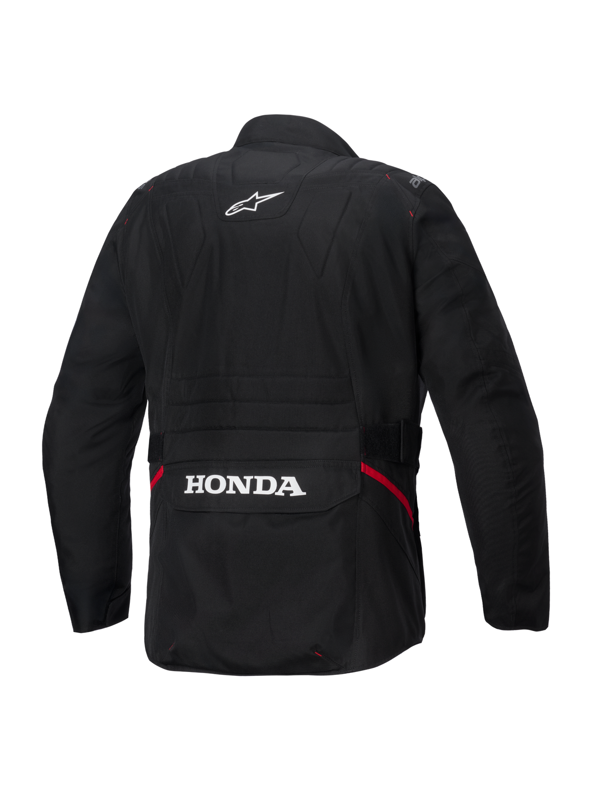 Alpinestars Honda ST-1 vattentät jacka, vy bakifrån, svart textil, med vit Alpinestars-stjärnlogotyp på övre delen av ryggen och Honda-logotyp på den bakre cargofickan, röda detaljer på sidorna, slitstark touring-motorcykeljacka