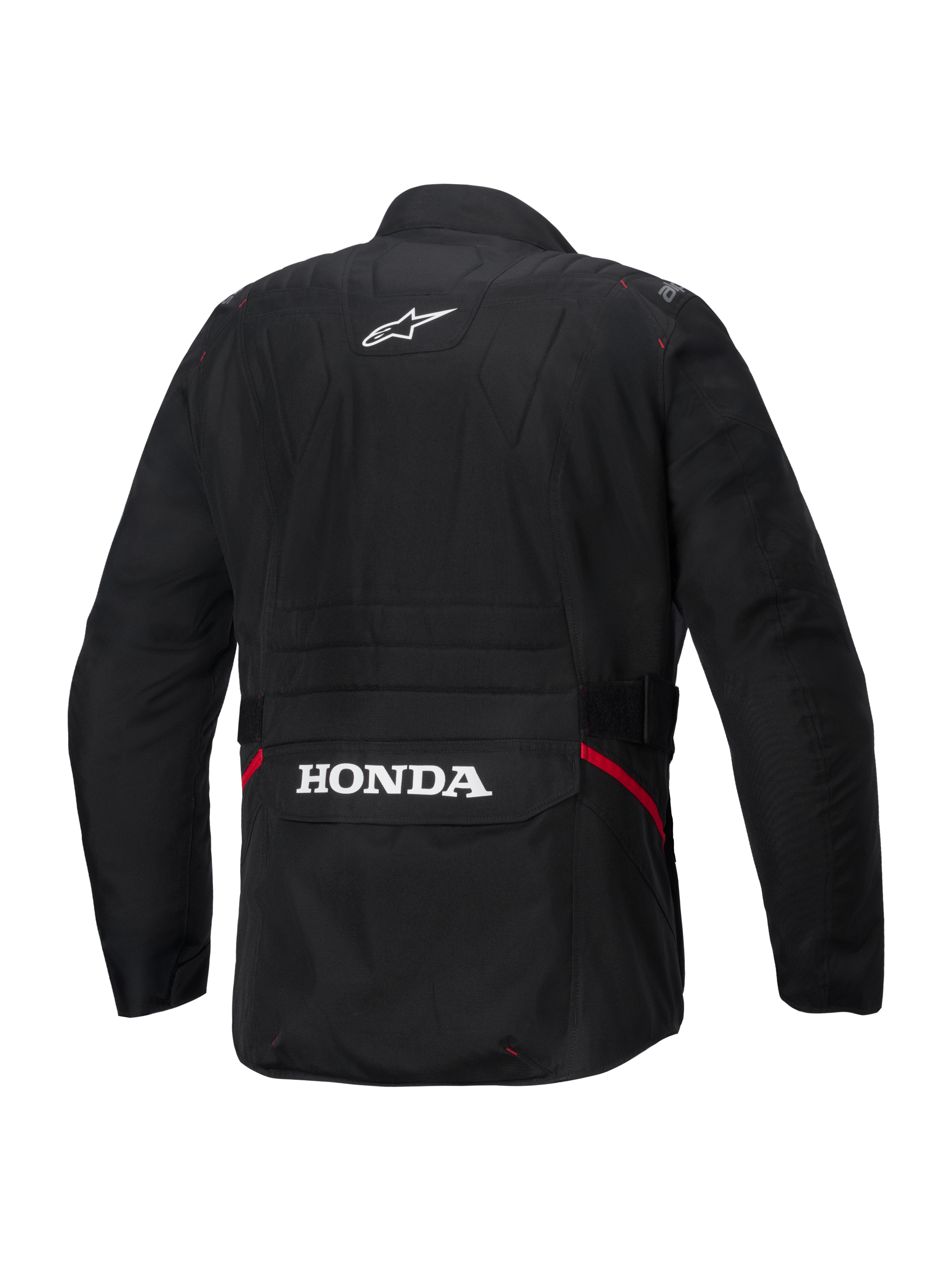 Alpinestars Honda ST-1 vattentät jacka, vy bakifrån, svart textil, med vit Alpinestars-stjärnlogotyp på övre delen av ryggen och Honda-logotyp på den bakre cargofickan, röda detaljer på sidorna, slitstark touring-motorcykeljacka