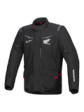 Alpinestars Honda ST-1 Waterproof Jacket, touringjacka för motorcykel, svart med röda detaljer, Honda- och Alpinestars-logotyper, hög krage, vadderade axlar och armbågar, dragkedja, framfickor