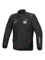 Alpinestars Honda ST-1 Waterproof Jacket, touringjacka för motorcykel, svart med röda detaljer, Honda- och Alpinestars-logotyper, hög krage, vadderade axlar och armbågar, dragkedja, framfickor