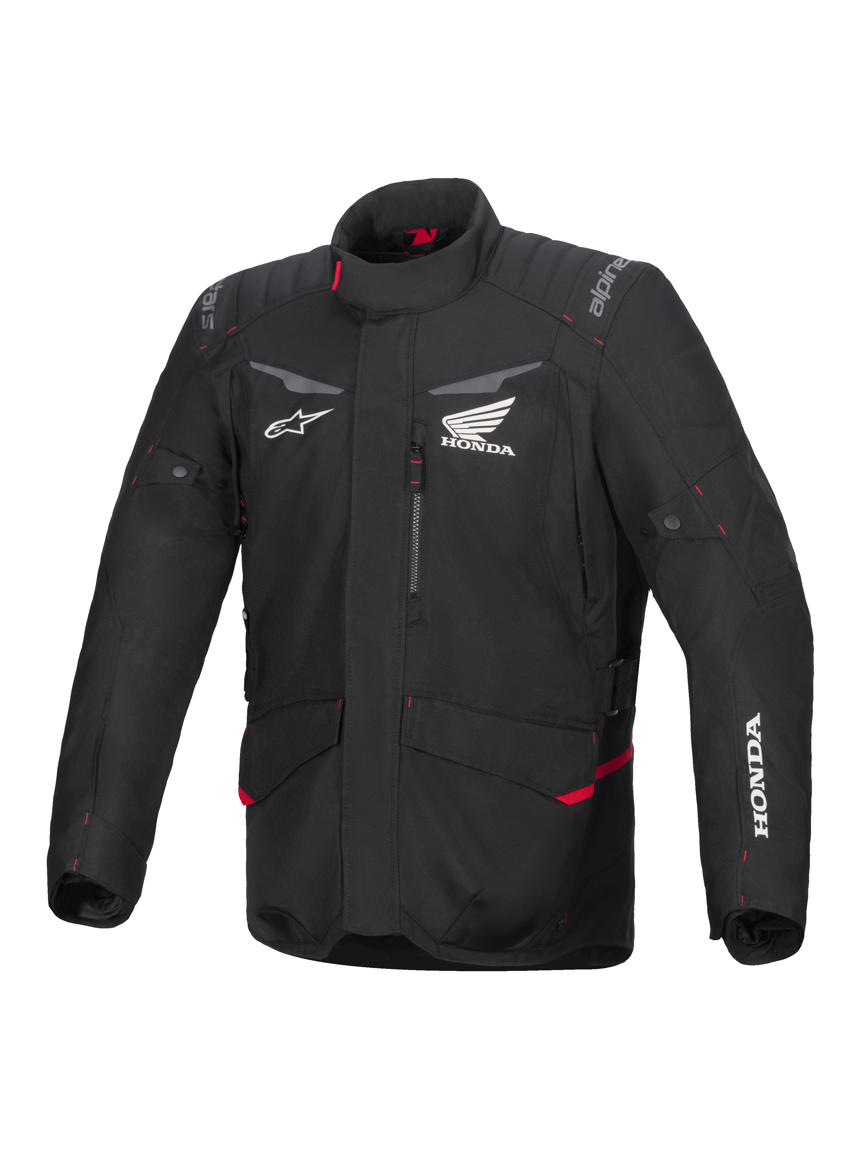 Alpinestars Honda ST-1 Waterproof Jacket, touringjacka för motorcykel, svart med röda detaljer, Honda- och Alpinestars-logotyper, hög krage, vadderade axlar och armbågar, dragkedja, framfickor