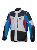 Alpinestars Honda ST-1 Waterproof Jacket, Motorcycle Touring Jacket, Ice Gray Black and Blue with Red accents, featuring Honda and Alpinestars logos, front view with zippered chest pocket and cargo pockets, weather-resistant adventure touring design