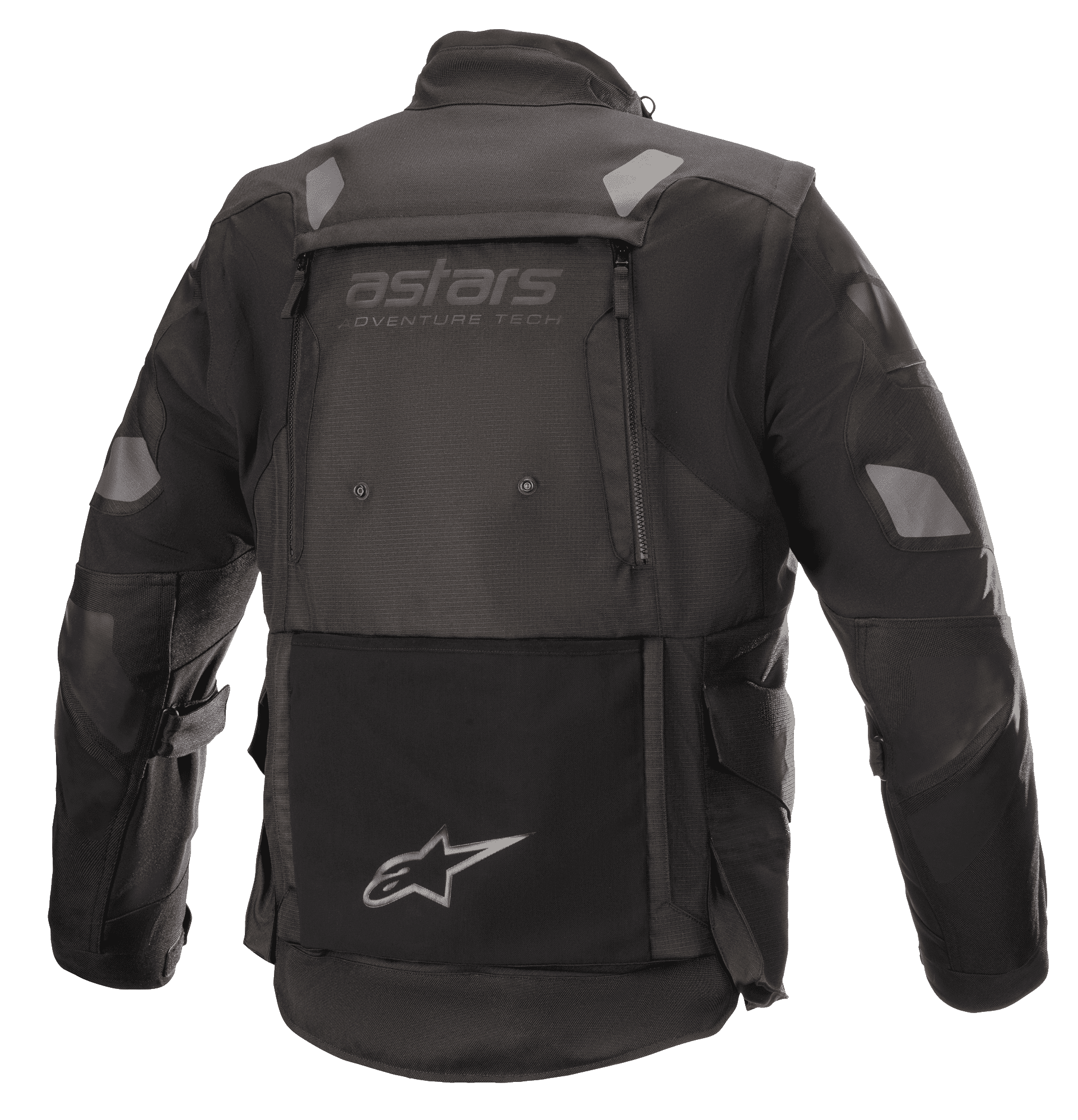 Alpinestars Halo Drystar®-jacka, motorcykeljacka för äventyrstouring, svart, vy bakifrån med stor ventilationspanel på ryggen, "astars adventure tech"-logotyp, reflekterande axel- och armbågspartier och integrerad förvaringsficka nedtill på ryggen med stjärnlogotyp