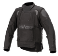 Alpinestars Halo Drystar®-jacka, svart äventyrsmotorcykeljacka, högteknologisk krage, dubbla dragkedjor på bröstet, stor frontflik med subtil Astars-logotyp, förstärkta axlar och armbågar, vattentät touringutrustning för flera säsonger