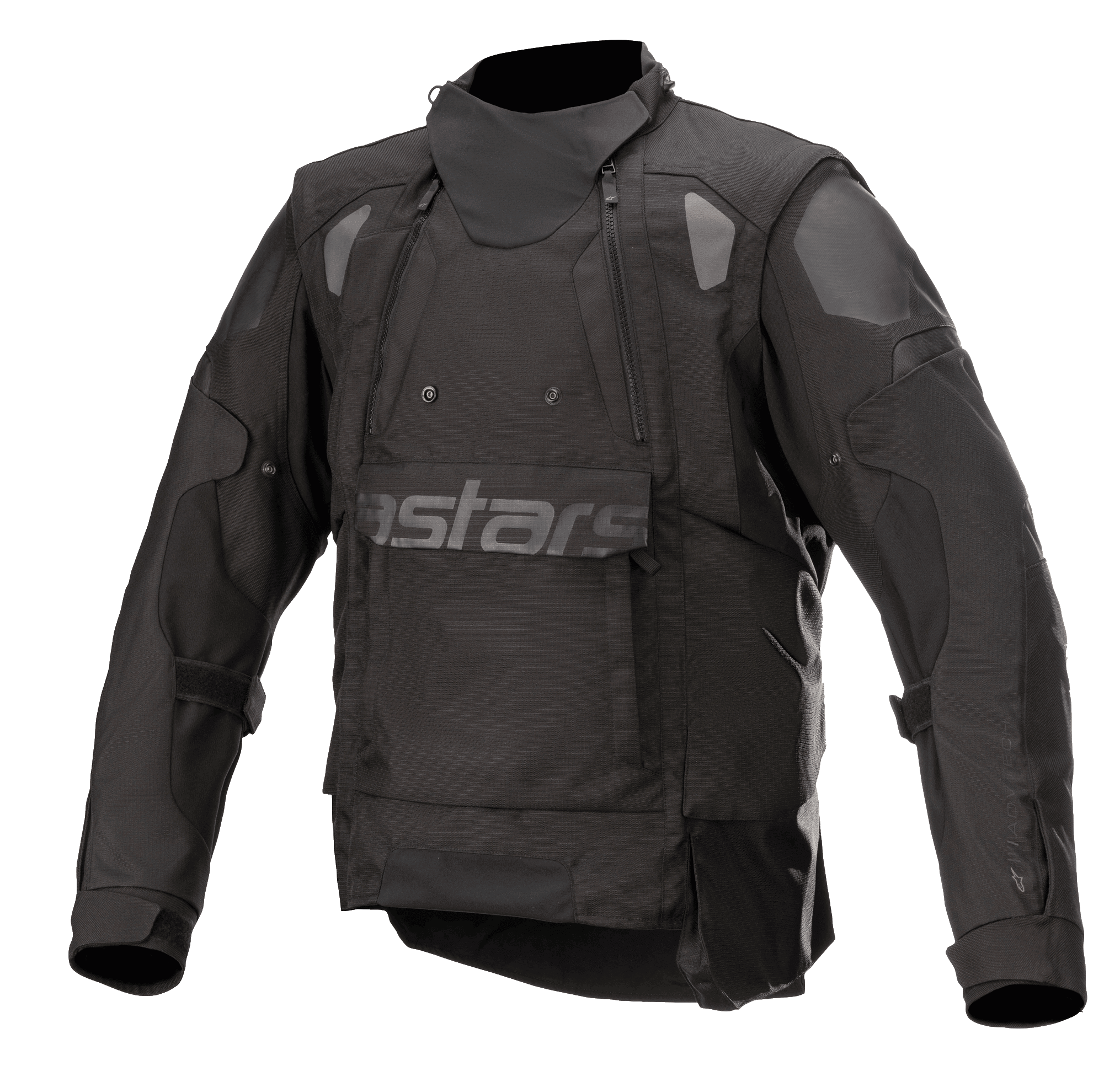 Alpinestars Halo Drystar®-jacka, svart äventyrsmotorcykeljacka, högteknologisk krage, dubbla dragkedjor på bröstet, stor frontflik med subtil Astars-logotyp, förstärkta axlar och armbågar, vattentät touringutrustning för flera säsonger