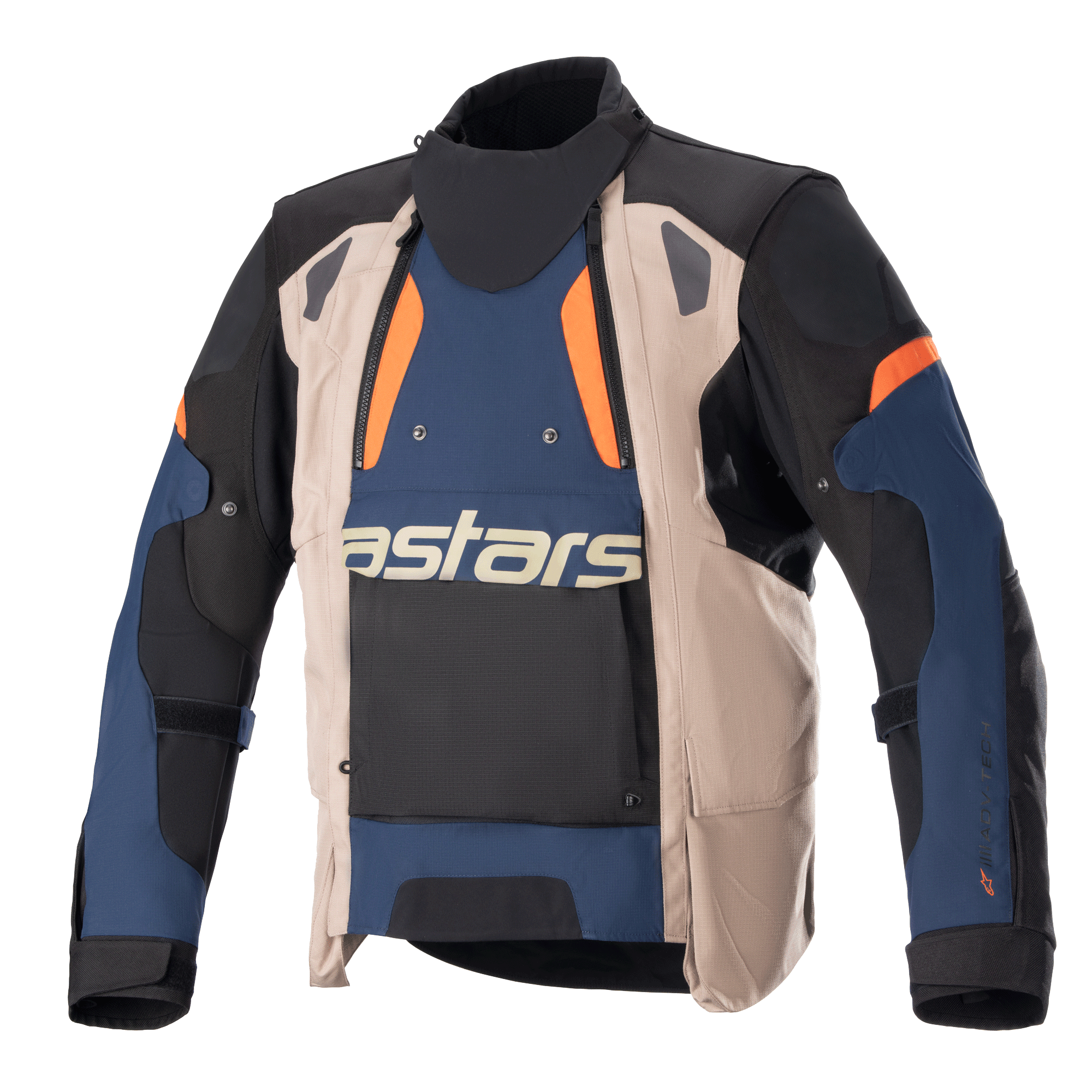 Alpinestars Halo Drystar®-jacka, äventyrstouringjacka för motorcykel, mörkblå, mörk khaki och orange, med asymmetrisk front, en bred ventilationspanel, tydlig ”astars”-logotyp på bröstet, hög krage och robust textilkonstruktion för allvädersskydd.