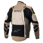 Alpinestars Halo Drystar® Jacket, Rear View, Dark Khaki and Sand with Yellow Fluo accents, Adventure Touring Motorcycle Jacket featuring a large back ventilation panel, 'astars ADVENTURE TECH' branding, and a black lower utility pocket.