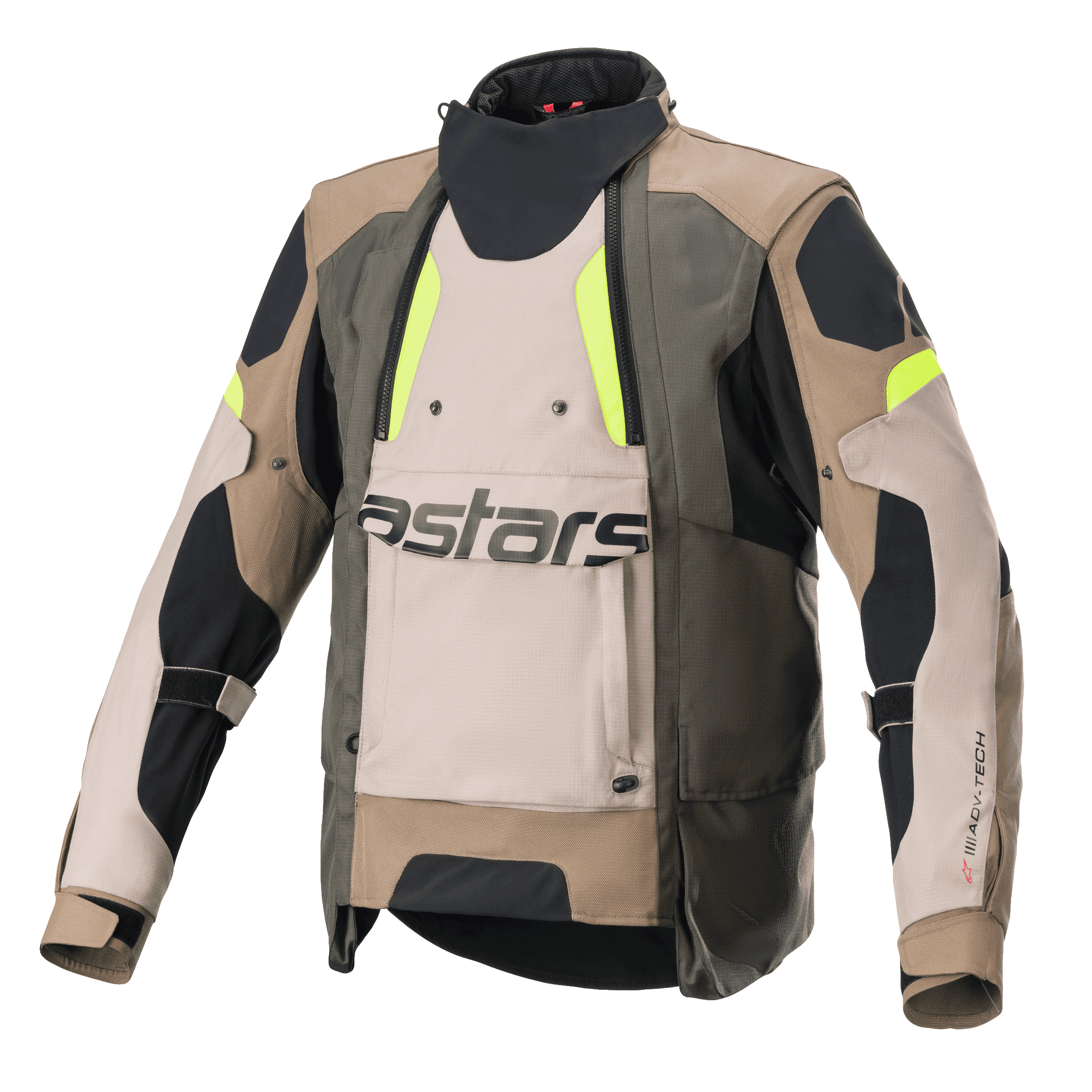Alpinestars Halo Drystar®-jacka, motorcykeljacka för äventyr och touring, mörk khaki och sand med neongula accenter, med en stor ventilationspanel fram med astars-logotyp, hög krage och robust textilkonstruktion för körning året runt