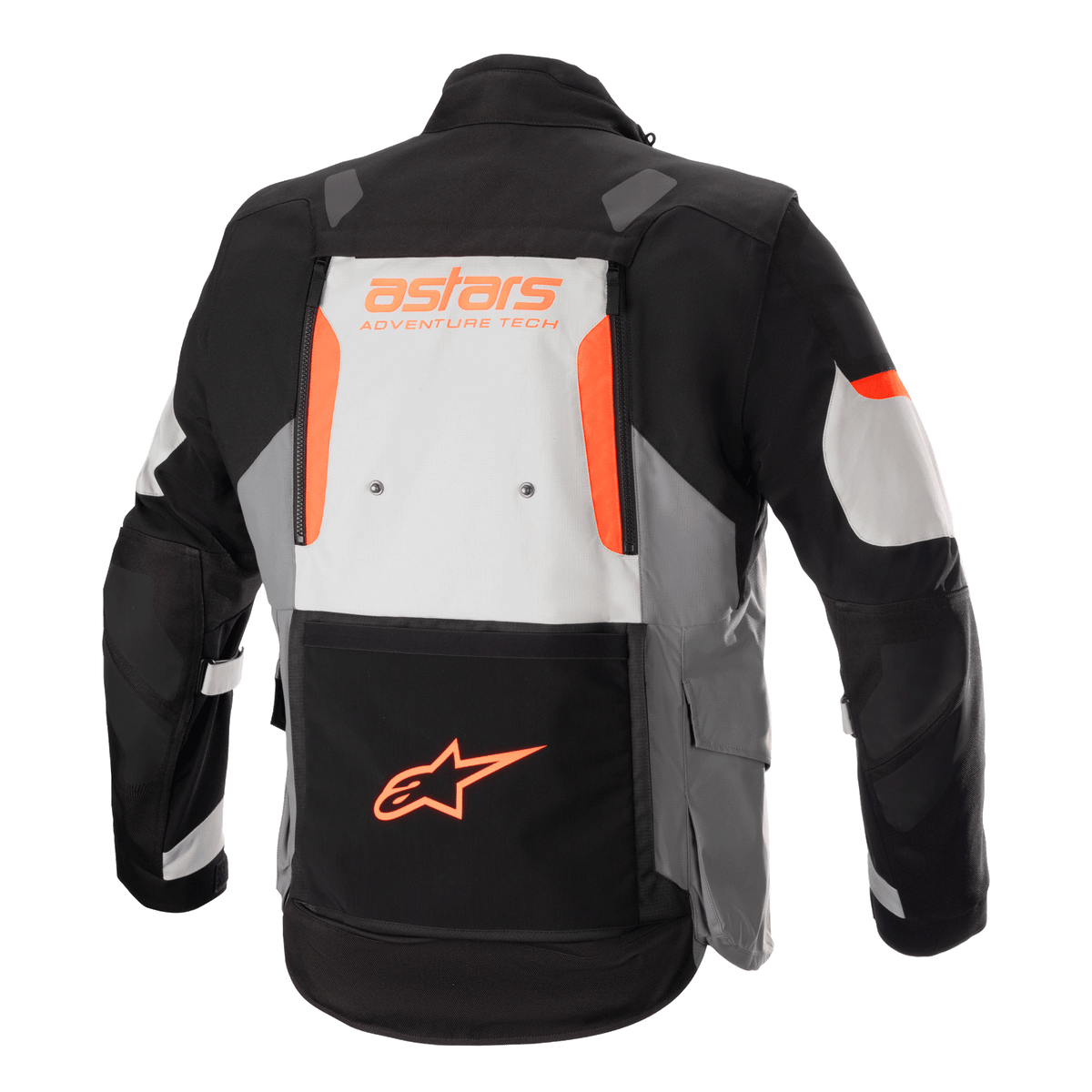 Alpinestars Halo Drystar® Jacka, äventyrstouringjacka, mörkgrå, isgrå och svart med orange detaljer, vy bakifrån som visar en stor ventilationspanel på ryggen med 'astars ADVENTURE TECH'-märkning och en orange stjärnlogotyp på den nedre fickan, teknisk motorcykelutrustning för flera säsonger