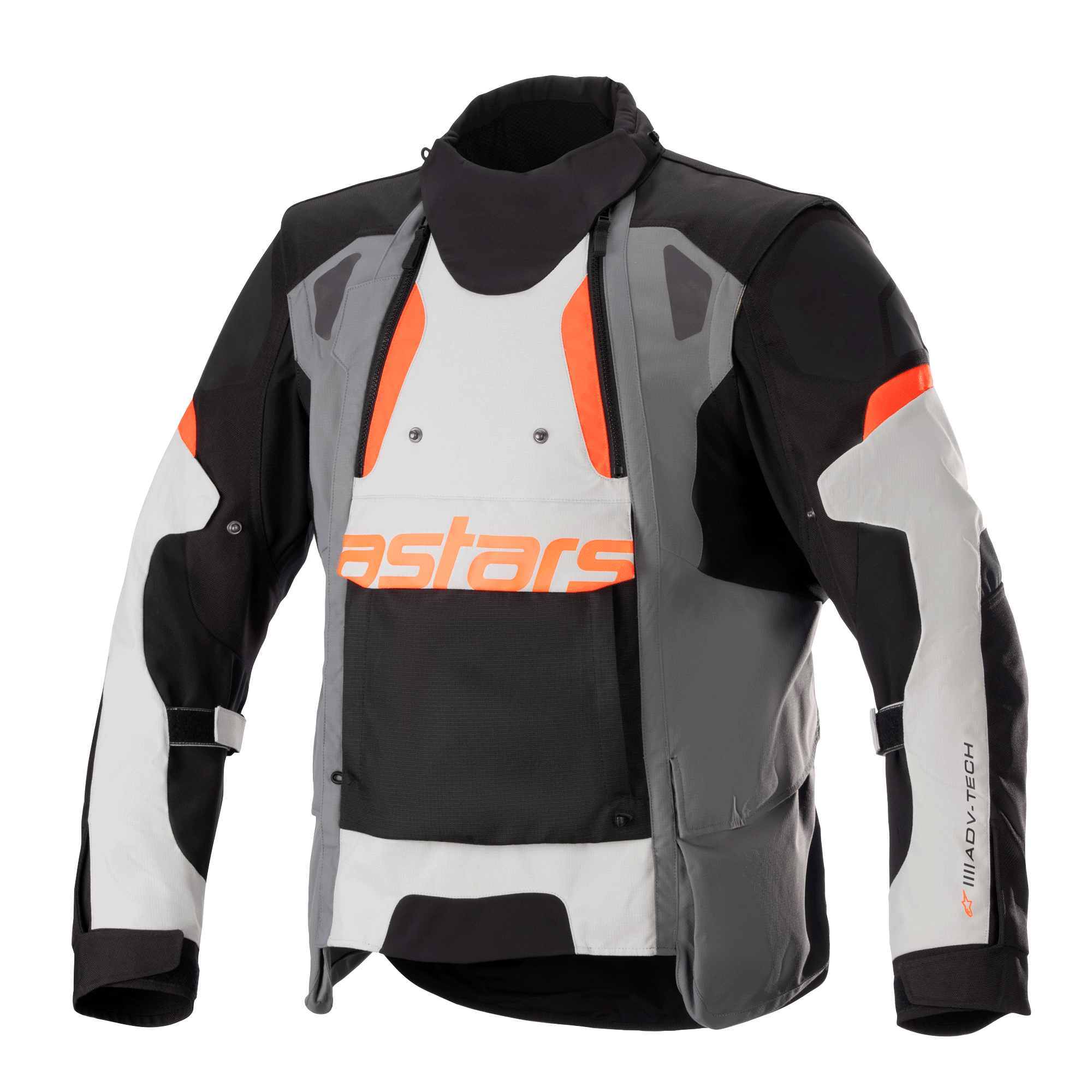 Alpinestars Halo Drystar® Jacket, motorcykeljacka för äventyrstouring, mörkgrå, isgrå och svart med orange detaljer, med en asymmetrisk ventilationspanel fram, orange astars-logotyp, justerbara ärmremmar och hög krage, skyddande textilutrustning för äventyrskörning året runt