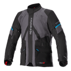 Alpinestars Monteira Drystar XF Jacket, Adventure Touring Motorcycle Jacket, Gray and Black with Methyl Blue accents, featuring multiple front pockets, adjustable waist straps, and vertical Alpinestars branding on the chest, durable waterproof textile construction
