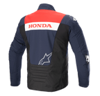 Alpinestars Honda SMX Waterproof Softshell-jacka, ryggvy, färgerna Night Navy, svart och Bright Red, med 'HONDA'-märkning på en vit rand och silvrig Alpinestars-logotyp, designad för motorcykelkörning på väg