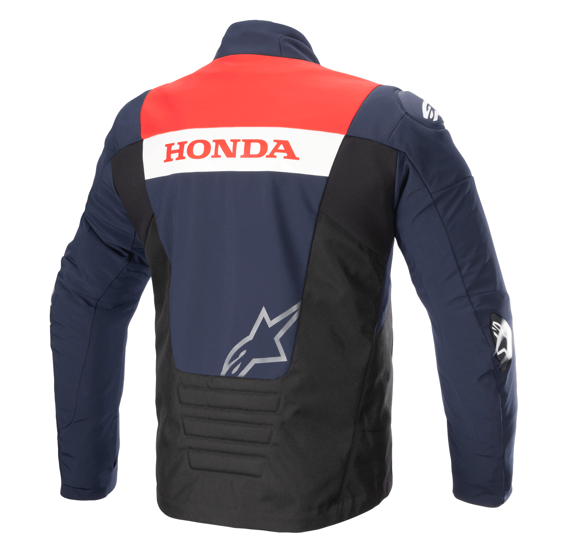 Alpinestars Honda SMX Waterproof Softshell-jacka, ryggvy, färgerna Night Navy, svart och Bright Red, med 'HONDA'-märkning på en vit rand och silvrig Alpinestars-logotyp, designad för motorcykelkörning på väg