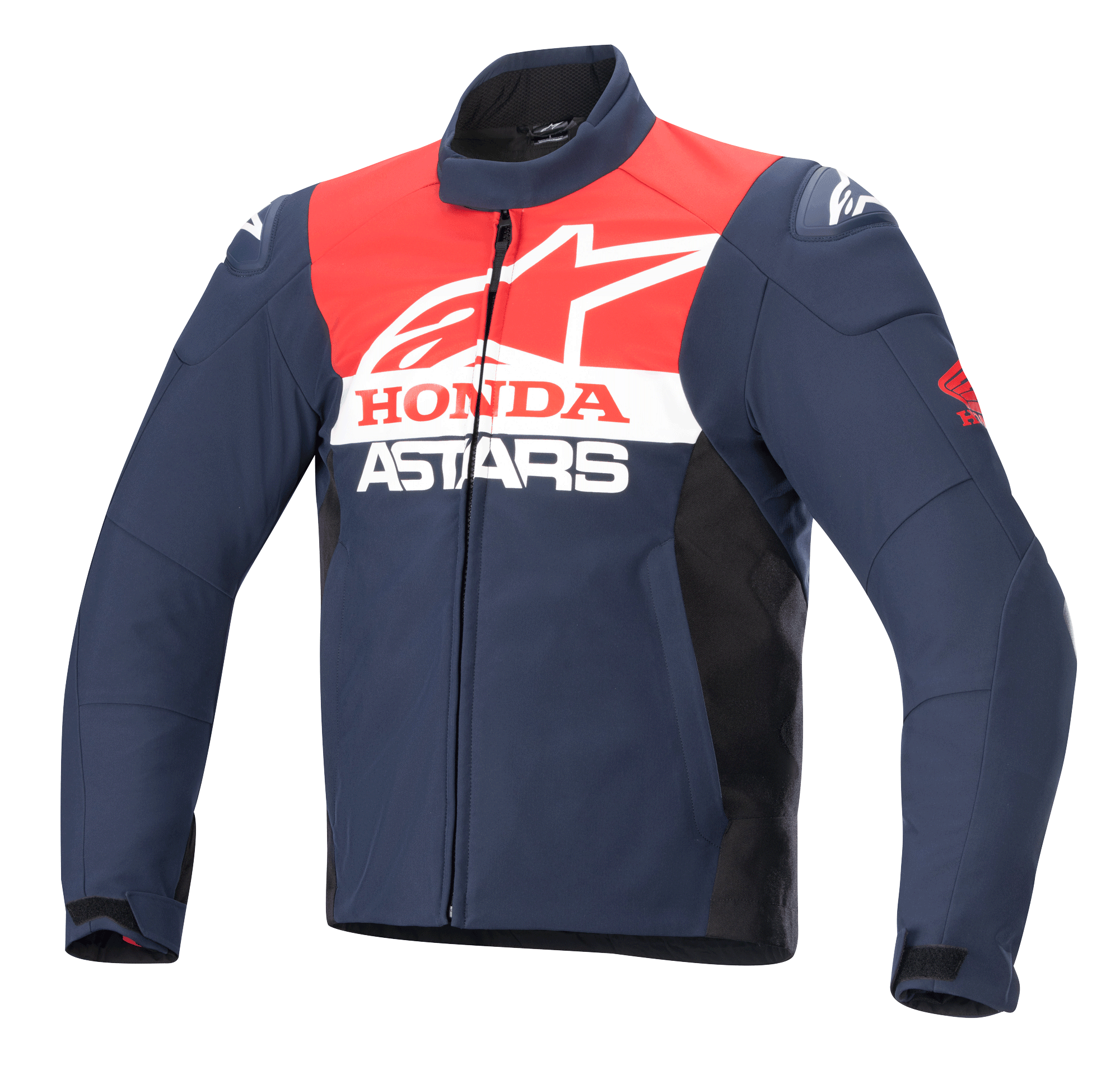 Alpinestars Honda SMX vattentät softshell-jacka, motorcykeljacka, mörkblå, svart och klarröd, med vita Alpinestars- och Honda-logotyper på bröstet, hög krage, dragkedja fram och smidigt vattenavvisande textilmaterial