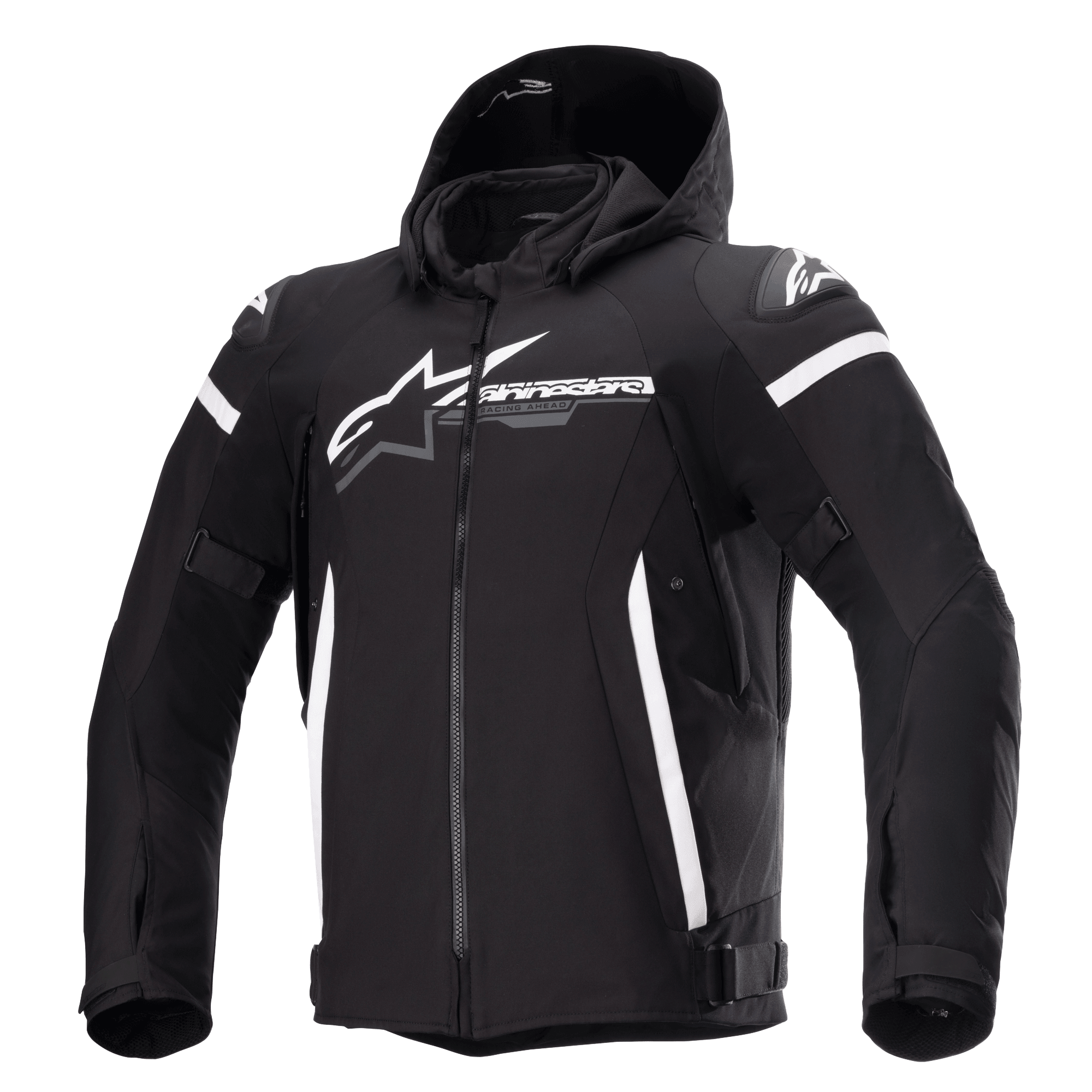 Alpinestars Zaca Waterproof Jacket, Black motorcycle jacket with detachable hood, large white Alpinestars logo on chest, white stripes on upper arms and vertical side accents, front zipper, reinforced shoulder padding, adjustable straps on waist and arms, textile softshell construction