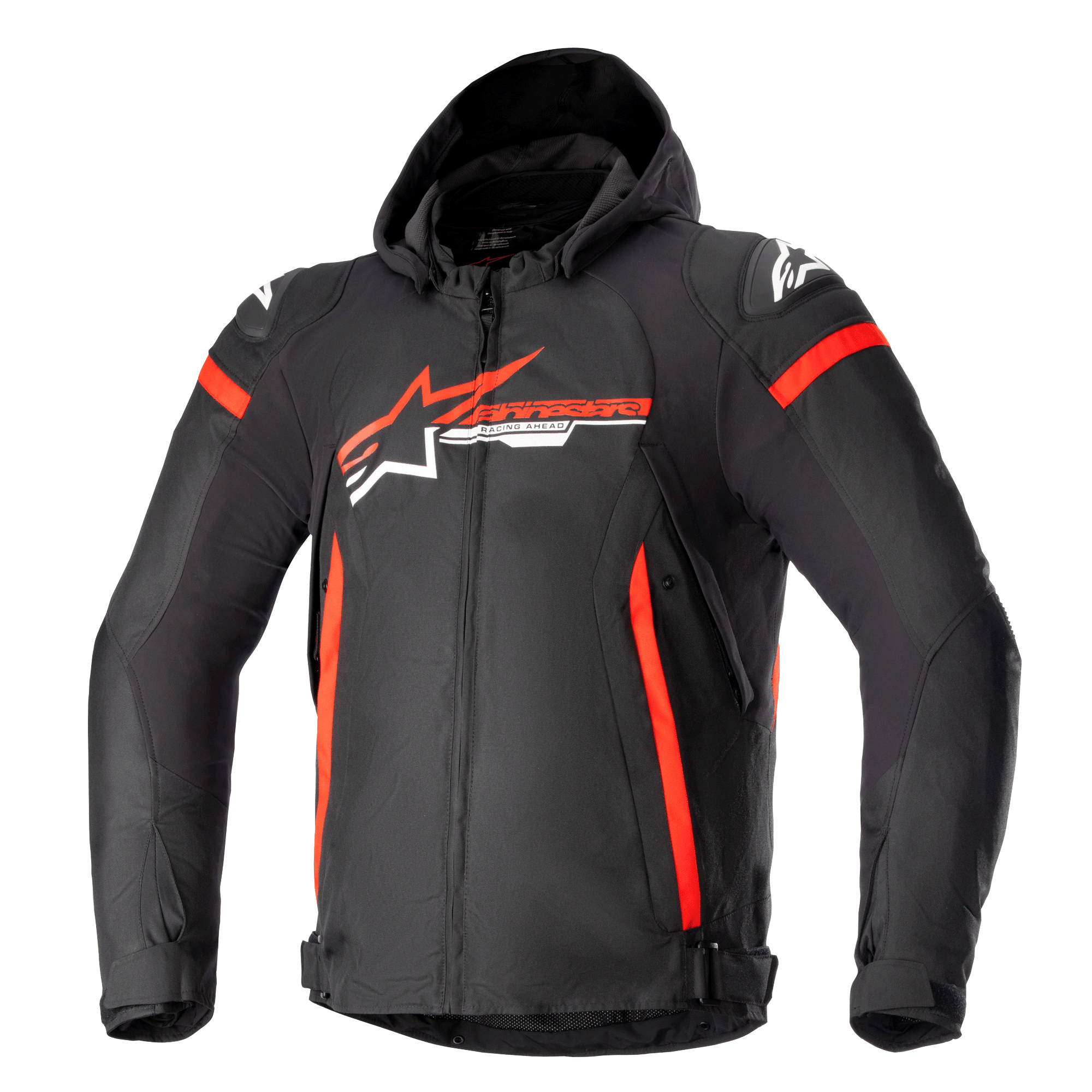 Alpinestars Zaca Waterproof Jacket, svart med klarröda och vita accenter, motorcykeljacka i textil med huva och dragkedja fram, vertikala röda ränder på sidorna, Alpinestars stjärnlogotyp på bröstet, skyddande axelskydd, sportig åkutrustning för alla väder