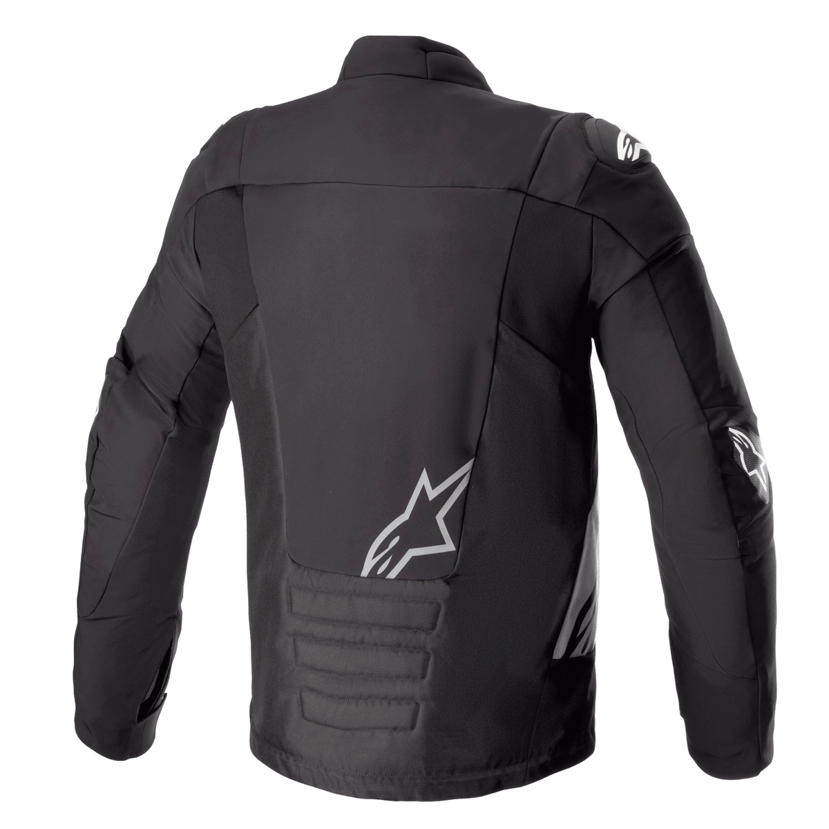 Alpinestars SMX Waterproof Jacket, Black Dark Gray, Rear View, featuring white Alpinestars logo on the lower back and shoulder, padded lower back section, technical textile and softshell motorcycle jacket