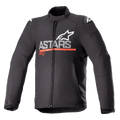 Alpinestars SMX Waterproof Jacket, Textile Motorcycle Jacket, Black with Dark Gray and Bright Red, featuring ASTARS branding and star logo on the chest, horizontal red stripe, white logos on shoulders, high collar, and front zipper, protective and weather-resistant sport design