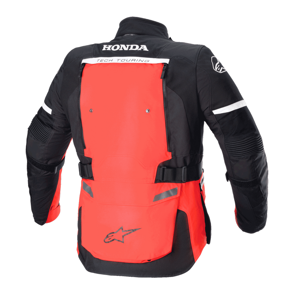 Alpinestars Honda Bogotá Pro Drystar® Jacket, Rear View, Bright Red and Black, Adventure Touring Motorcycle Jacket featuring HONDA and TECH TOURING branding, large red back panel with adjustable straps and reflective details.