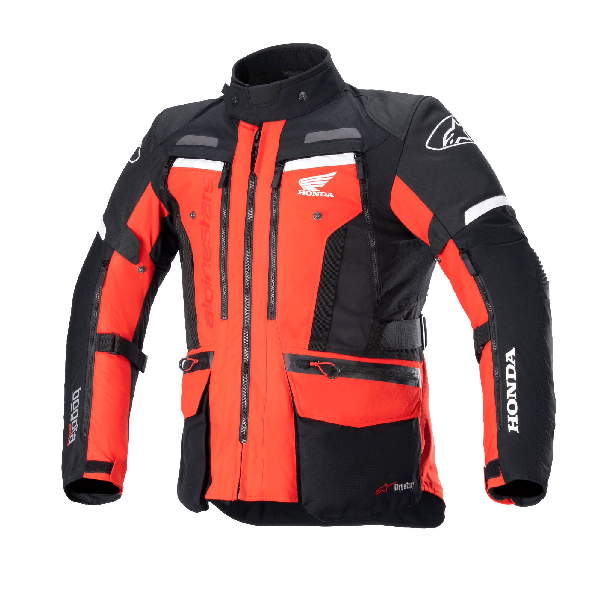 Alpinestars Honda Bogotá Pro Drystar®-jacka, motorcykeljacka för adventure touring, klarröd och svart med vita accenter, flera dragkedjor, praktiska fickor, justerbara remmar samt Honda- och Alpinestars-logotyper