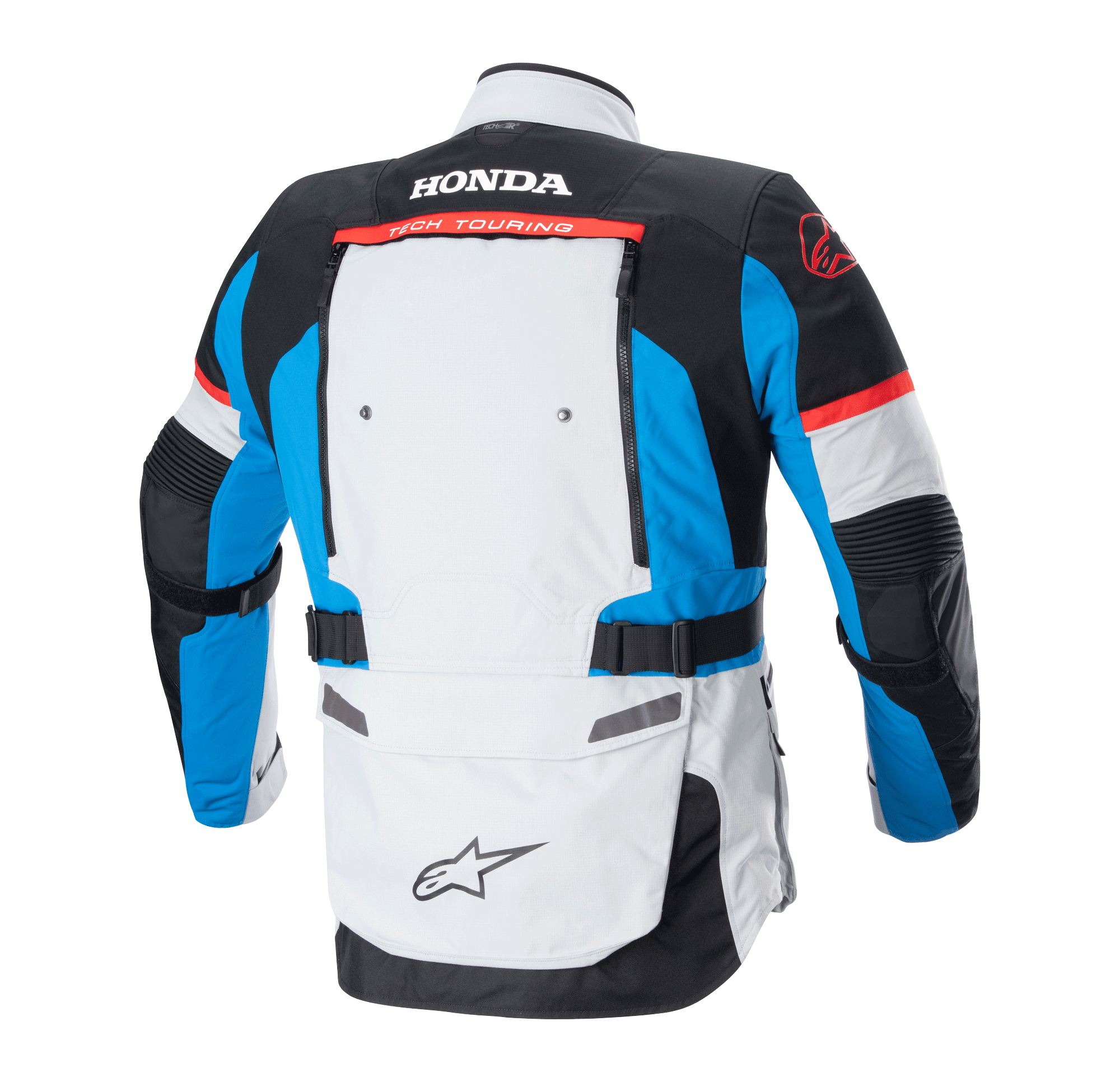 Alpinestars Honda Bogotá Pro Drystar®-jacka, vy bakifrån, Ice Gray Blue och Bright Red, teknisk adventure-touringjacka med Honda- och Tech Touring-profilering på ryggen, ventilationspaneler och justerbara midjeremmar.