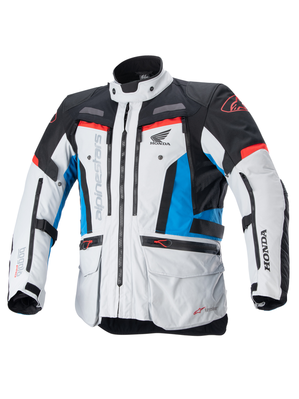 Alpinestars Honda Bogota Pro Drystar-jacka, touring MC-jacka, isgrå, blå och klarröd, teknisk textildesign med flera dragkedjor och fickor, justerbara remmar vid midja och ärmar, med Alpinestars- och Honda-logotyper, vattentätt och ventilerande allvädersskydd.