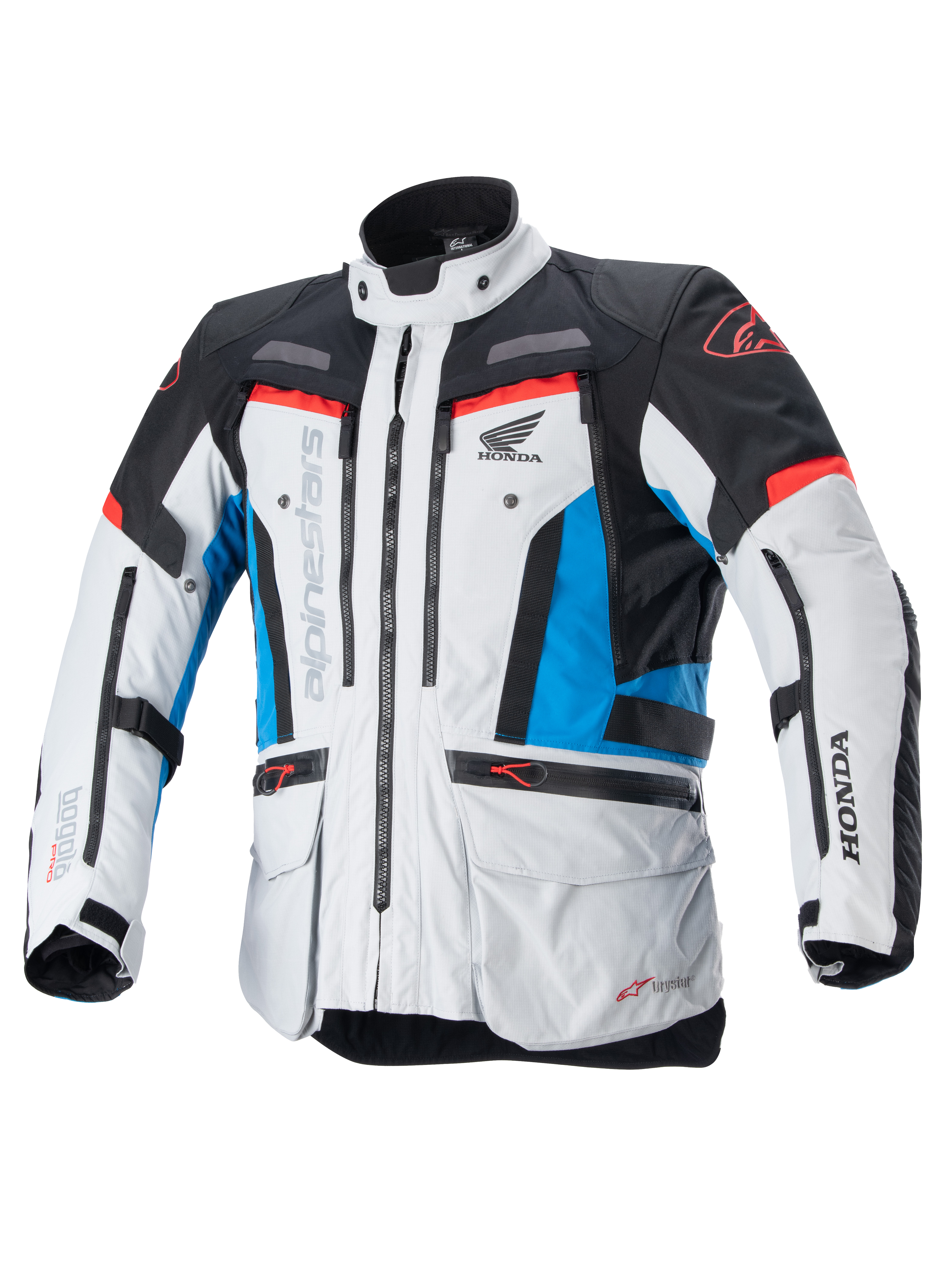 Alpinestars Honda Bogota Pro Drystar-jacka, touring MC-jacka, isgrå, blå och klarröd, teknisk textildesign med flera dragkedjor och fickor, justerbara remmar vid midja och ärmar, med Alpinestars- och Honda-logotyper, vattentätt och ventilerande allvädersskydd.