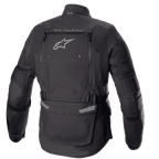 Alpinestars Bogotá Pro Drystar® Jacket, Rear View, Black, textile motorcycle jacket featuring a large back ventilation panel with Alpinestars logo, 'TECH TOURING' branding, adjustable waist straps, and accordion panels on elbows.