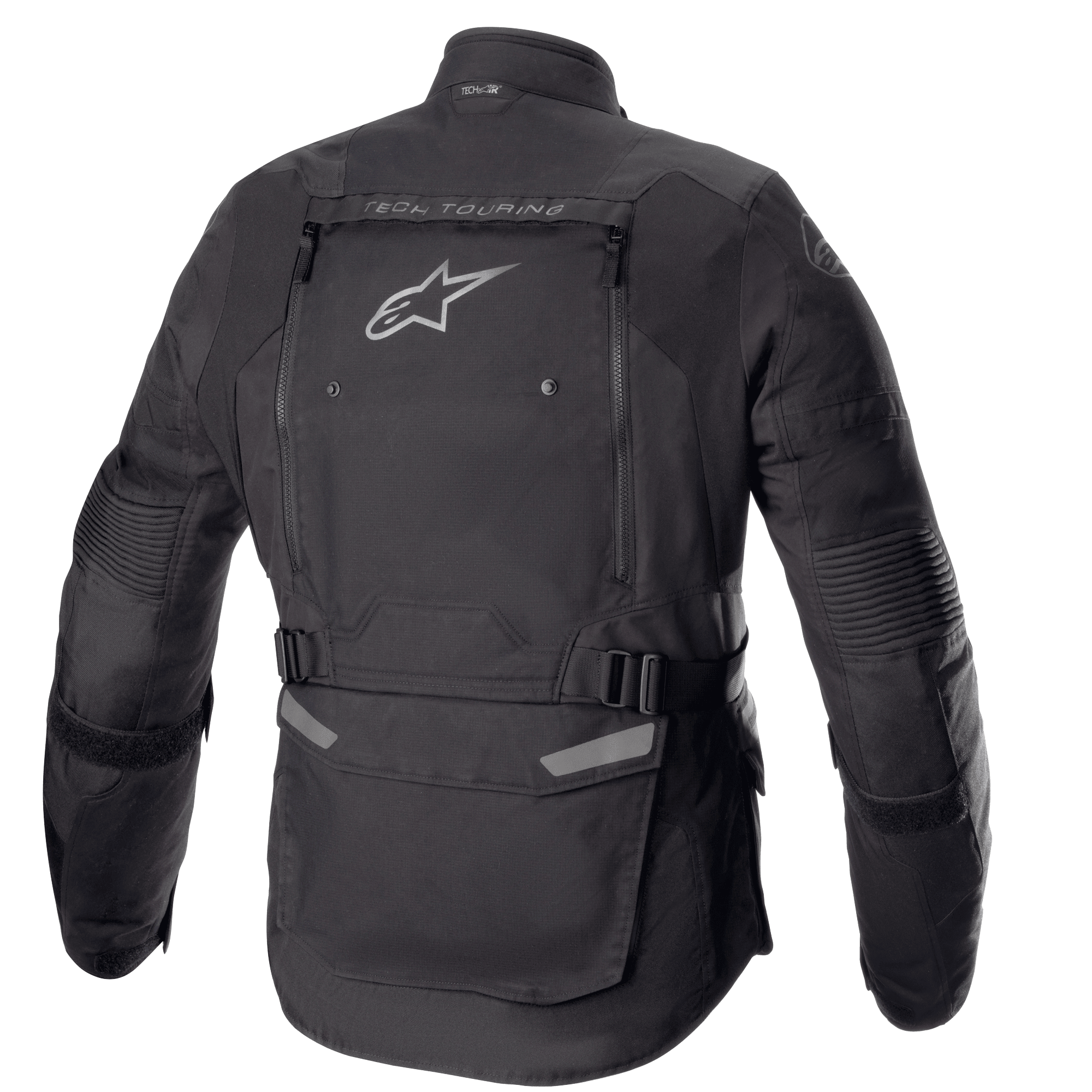 Alpinestars Bogotá Pro Drystar® Jacket, Rear View, Black, textile motorcycle jacket featuring a large back ventilation panel with Alpinestars logo, 'TECH TOURING' branding, adjustable waist straps, and accordion panels on elbows.