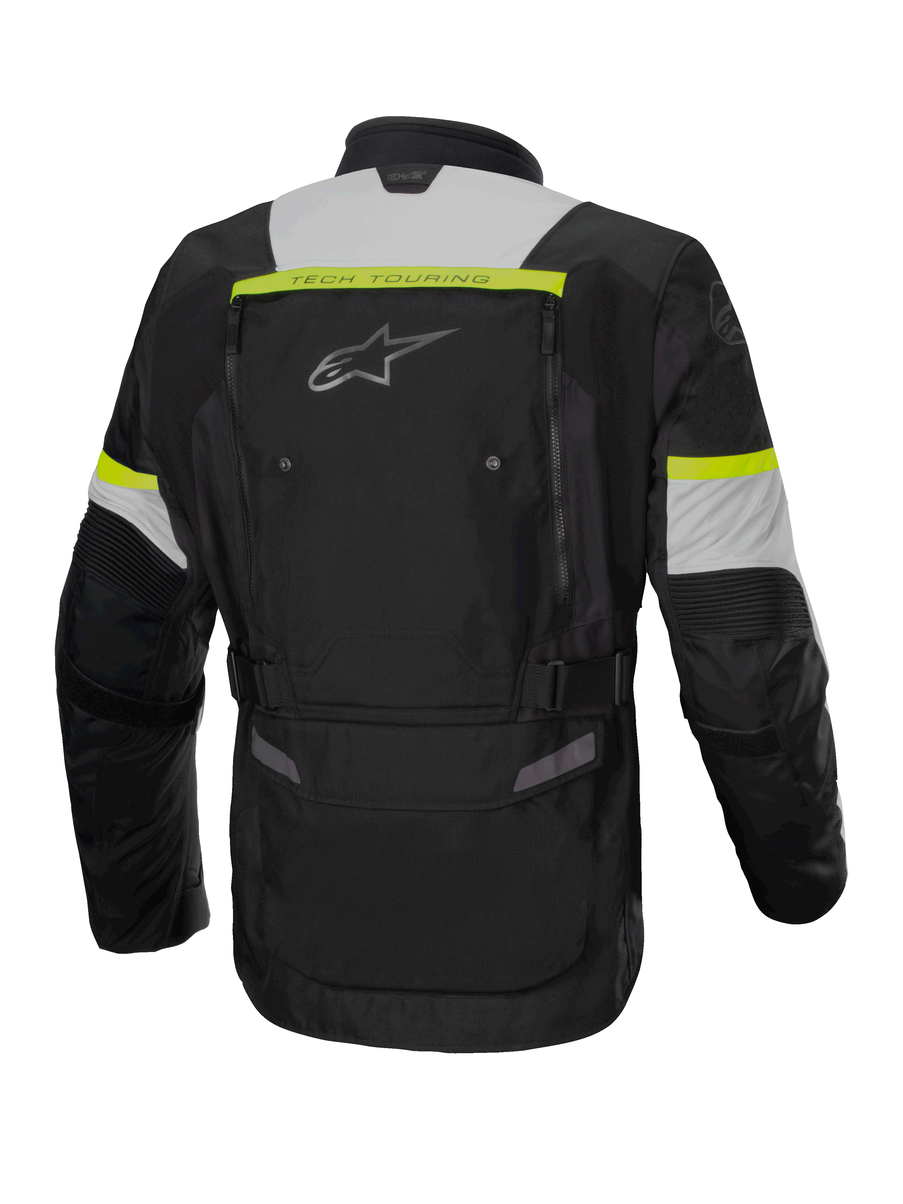 Alpinestars Bogotá Pro Drystar® jacka, adventure touring MC-jacka för herr, svart, isgrå och gul fluo, vattentät textil, vy bakifrån med ventilationspaneler och ryggficka.