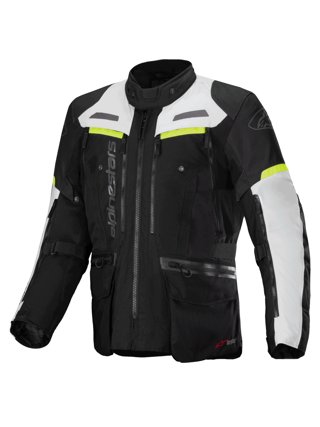 Alpinestars Bogotá Pro Drystar jacka, herr-motorcykeljacka för adventure touring, svart och vit med neongula detaljer, vattentät konstruktion och CE-certifierad med Tech-Air®-förberedelse.