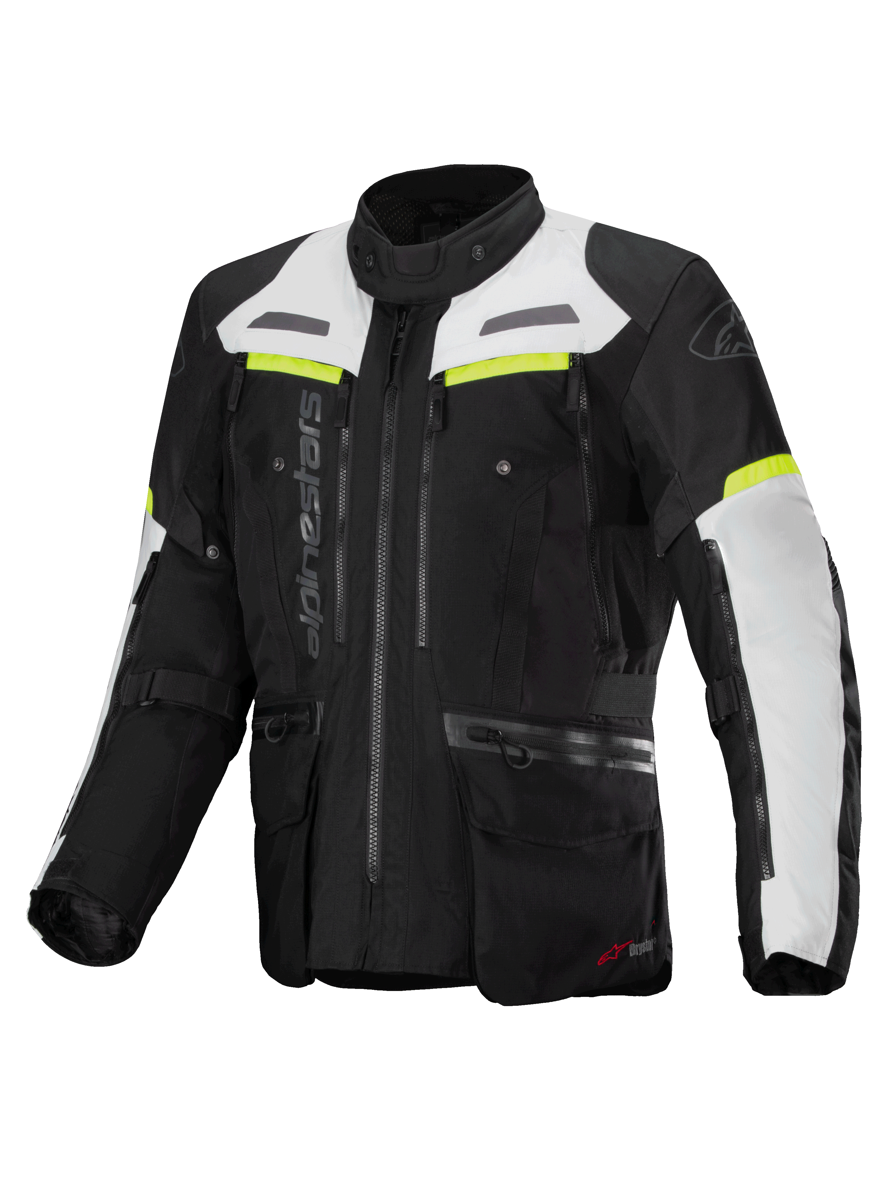 Alpinestars Bogotá Pro Drystar jacka, herr-motorcykeljacka för adventure touring, svart och vit med neongula detaljer, vattentät konstruktion och CE-certifierad med Tech-Air®-förberedelse.