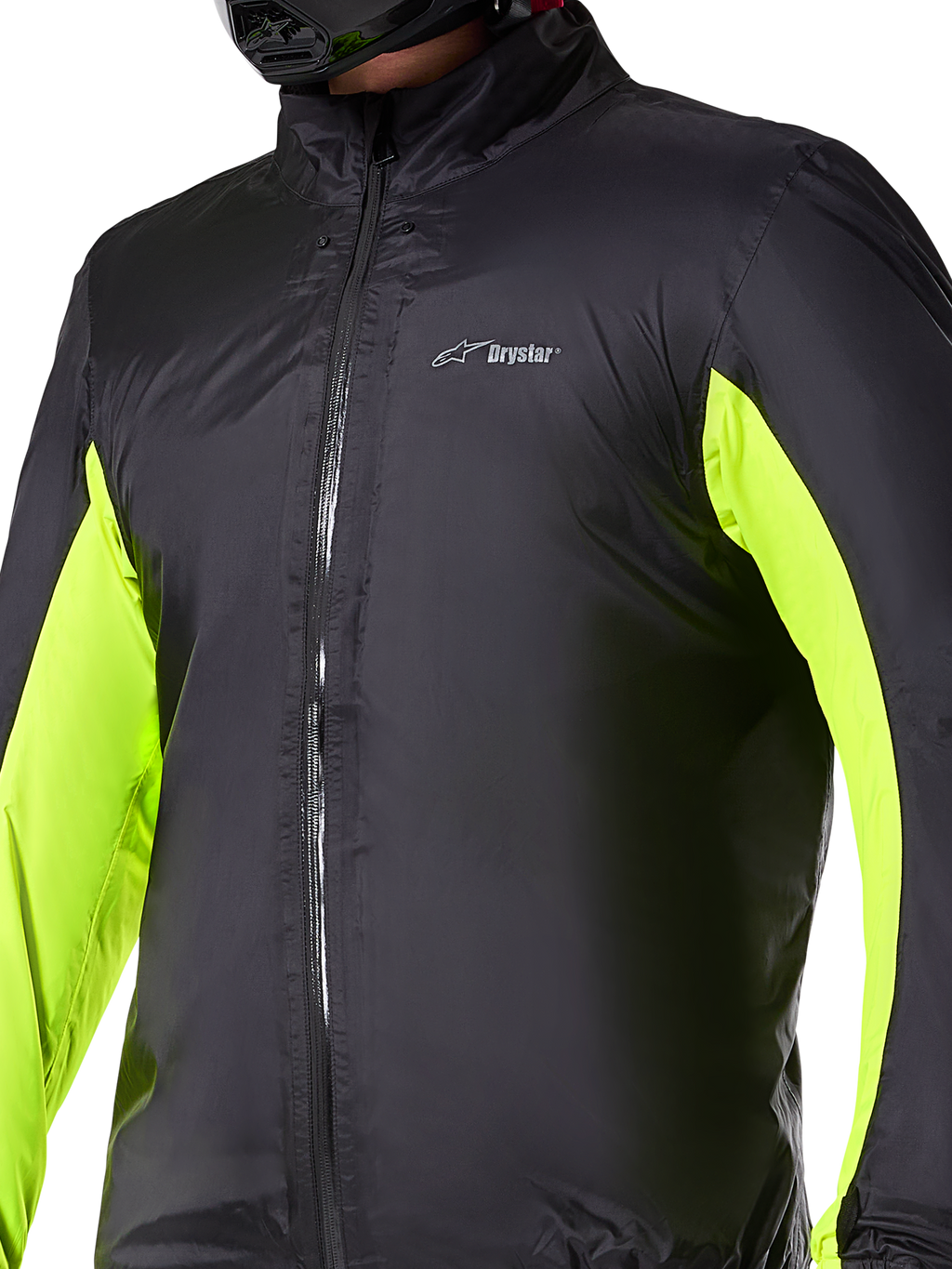 Alpinestars Bogotá Pro Drystar® Jacka vattentätt foder, tekniskt motorcykellager, svart med neongula paneler på ärmarna, dragkedja framtill och Drystar-logotyp på bröstet, designad för skydd vid körning i alla väder