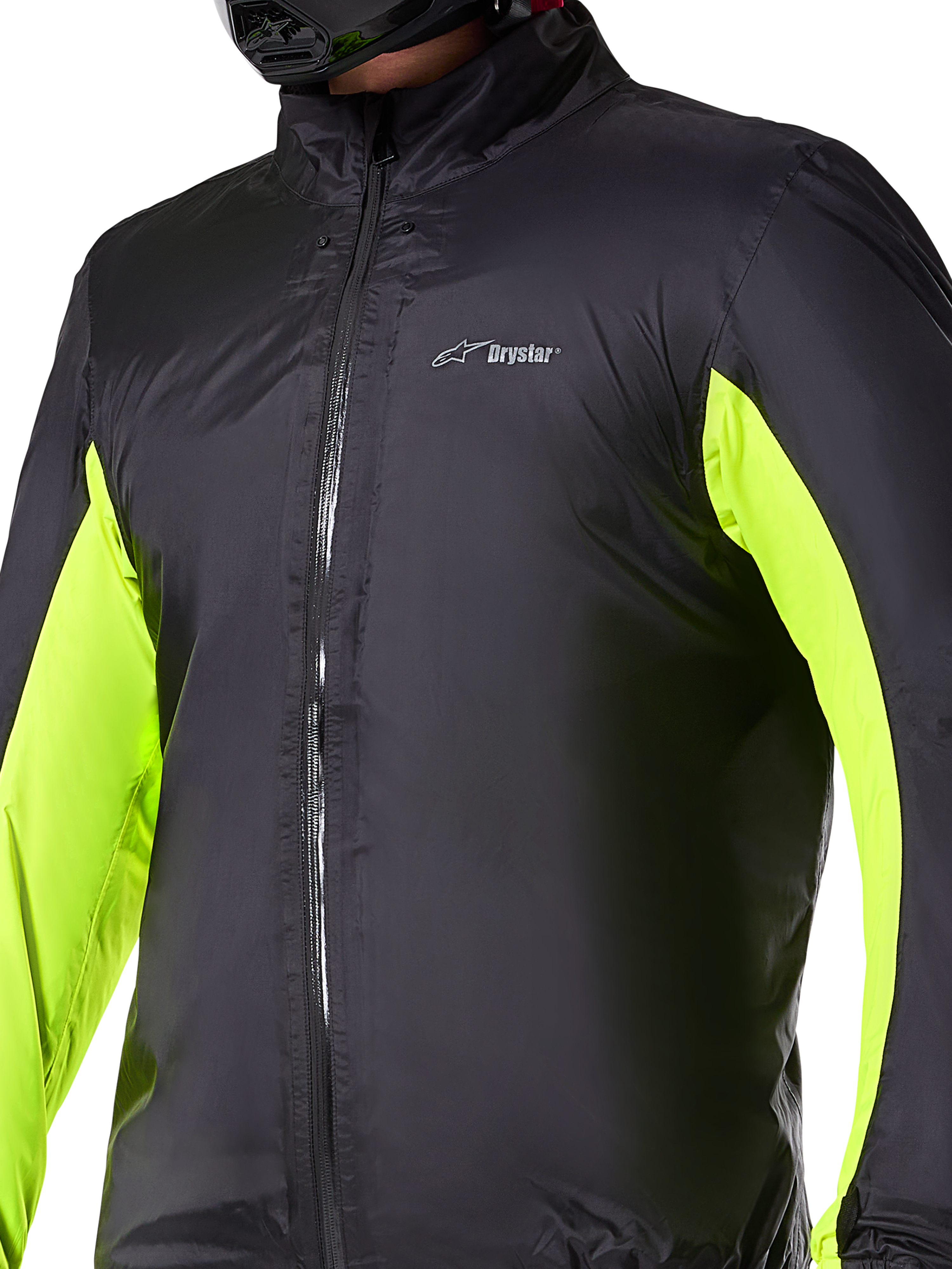 Alpinestars Bogotá Pro Drystar® Jacka vattentätt foder, tekniskt motorcykellager, svart med neongula paneler på ärmarna, dragkedja framtill och Drystar-logotyp på bröstet, designad för skydd vid körning i alla väder