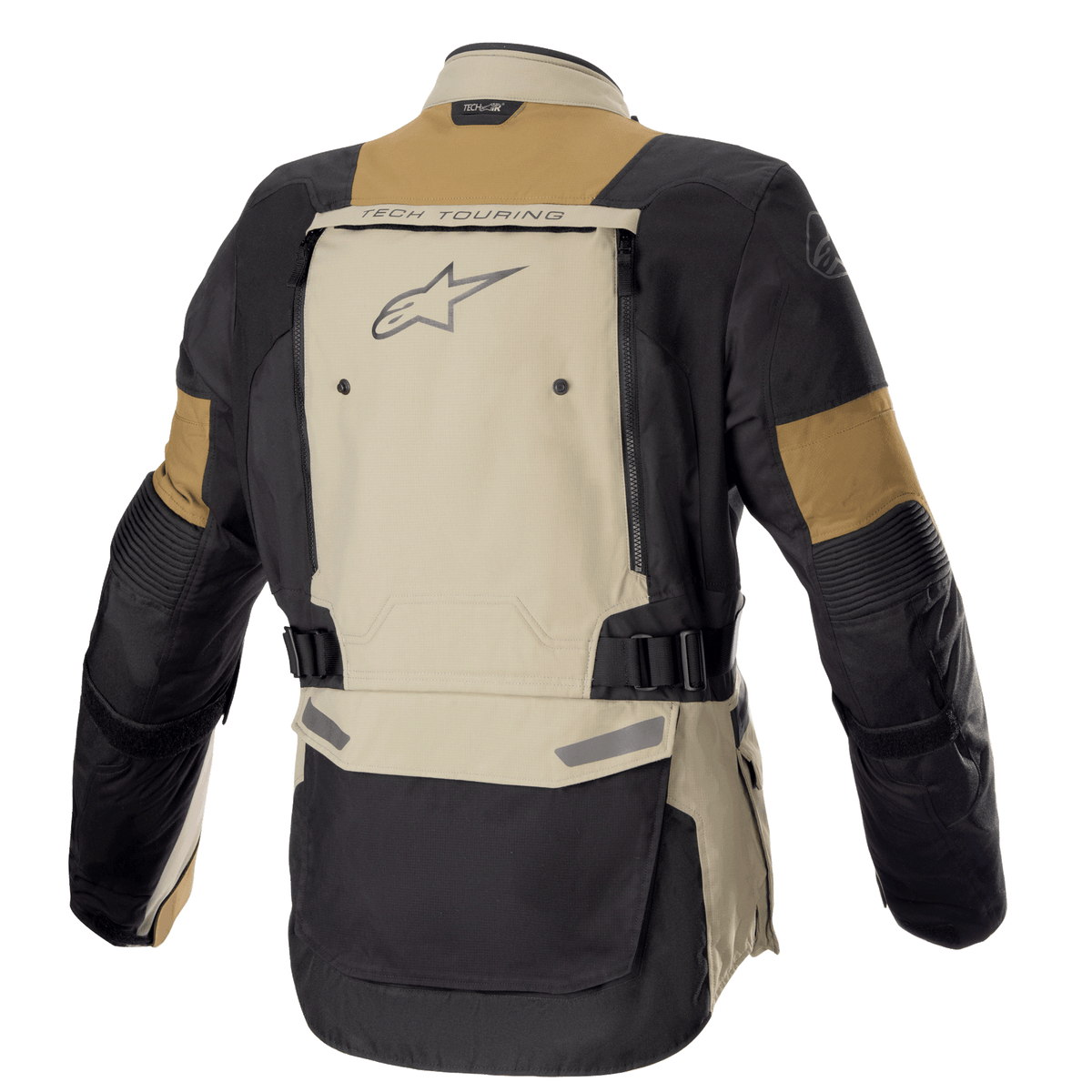 Alpinestars Bogota' Pro Drystar® Jacket, Adventure Motorcycle Jacket, Vetiver Military Olive and Black, rear view showing large back ventilation panel with "TECH TOURING" branding and Alpinestars logo, adjustable waist straps, and durable textile construction for all-season touring.