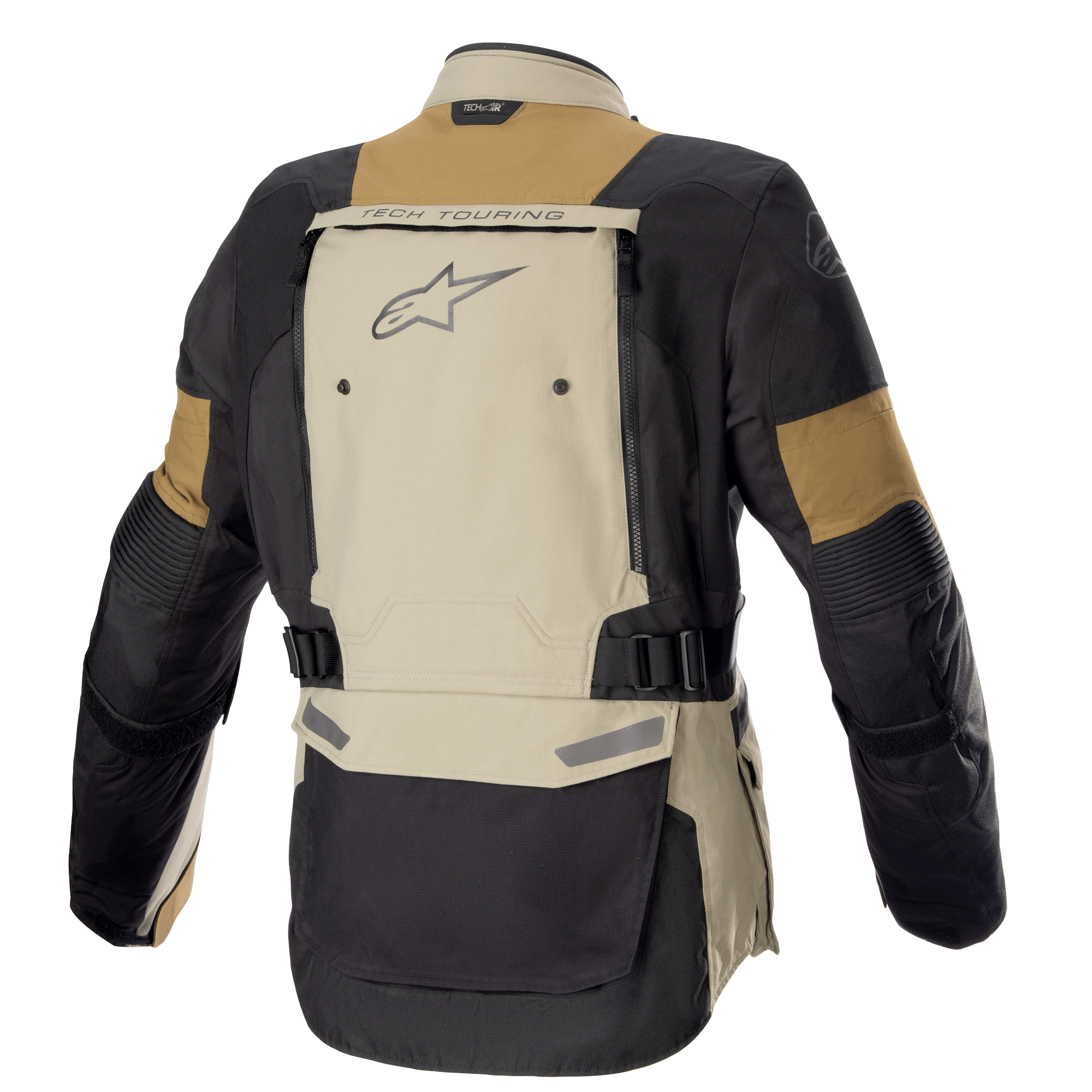 Alpinestars Bogota' Pro Drystar® Jacket, Adventure Motorcycle Jacket, Vetiver Military Olive and Black, rear view showing large back ventilation panel with "TECH TOURING" branding and Alpinestars logo, adjustable waist straps, and durable textile construction for all-season touring.