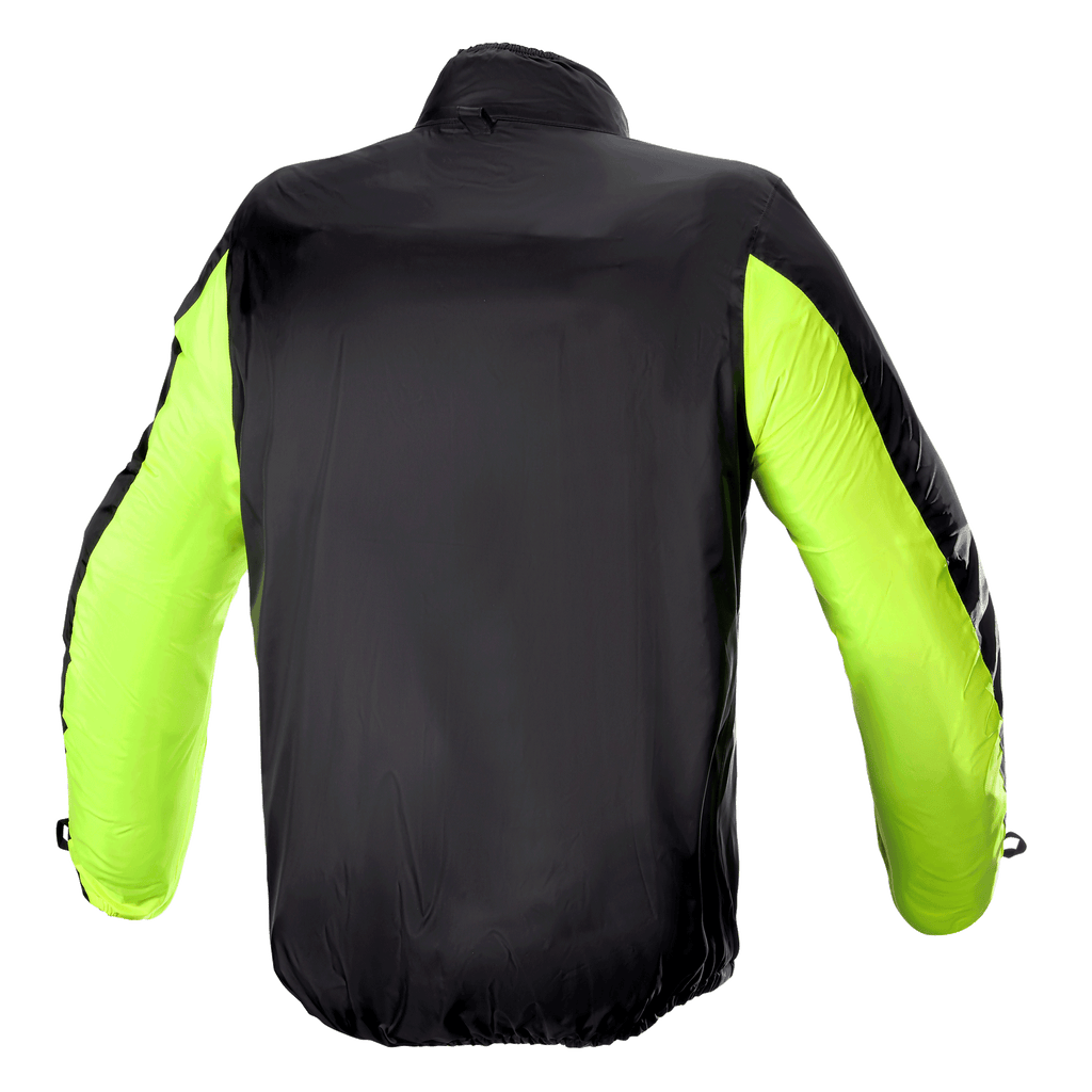 Alpinestars Bogota' Pro Drystar® Jacket Rain Cover, Rear View, Black with Fluorescent Yellow sleeves, lightweight waterproof construction for high-visibility and weather protection