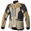 Alpinestars Bogota Pro Drystar Jacket, Motorcycle Adventure Touring Jacket, Beige Black and Tan, waterproof textile construction, multiple pockets with red pull tabs, reinforced protection areas, and high collar design