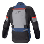 Alpinestars Bogotá Pro Drystar® jacka, motorcykeljacka för adventure-touring, mörkblå, svart och klarröd, baksida med en stor grå ventilationspanel med Alpinestars-logotyp, röda 'Tech Touring'-detaljer och justerbara midjeremmar