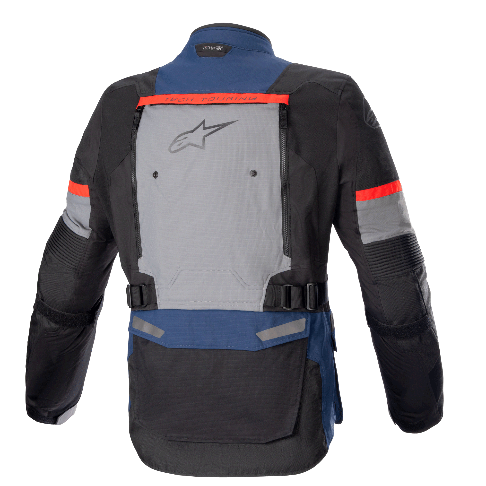 Alpinestars Bogotá Pro Drystar® jacka, motorcykeljacka för adventure-touring, mörkblå, svart och klarröd, baksida med en stor grå ventilationspanel med Alpinestars-logotyp, röda 'Tech Touring'-detaljer och justerbara midjeremmar