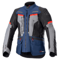 Alpinestars Bogota Pro Drystar-jacka, äventyrstouringjacka för motorcykel, mörkblå och svart med grå bröstpaneler och klaröda detaljer, med vattentät textilkonstruktion, flera ventilationsdragkedjor och praktiska fickor.