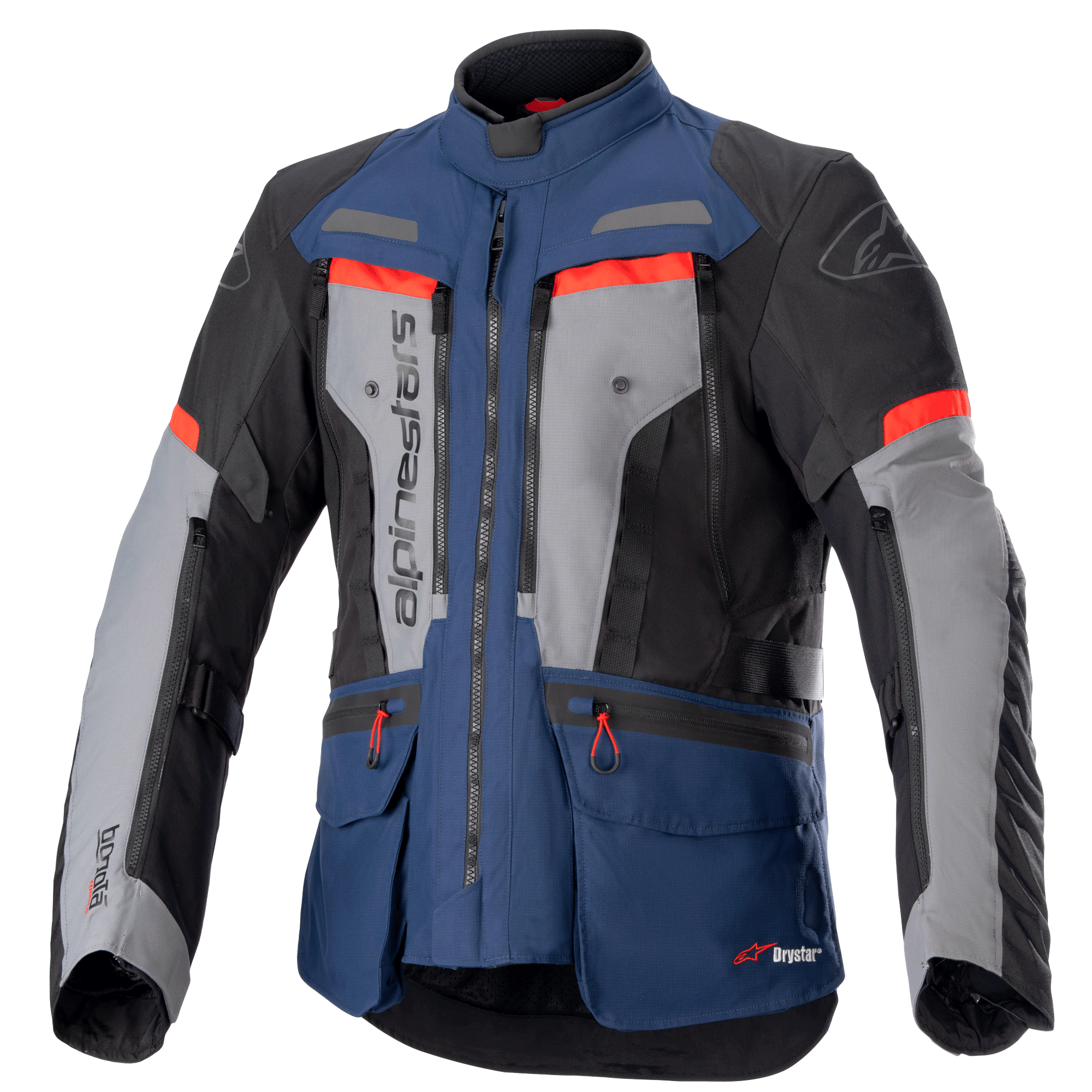 Alpinestars Bogota Pro Drystar-jacka, äventyrstouringjacka för motorcykel, mörkblå och svart med grå bröstpaneler och klaröda detaljer, med vattentät textilkonstruktion, flera ventilationsdragkedjor och praktiska fickor.