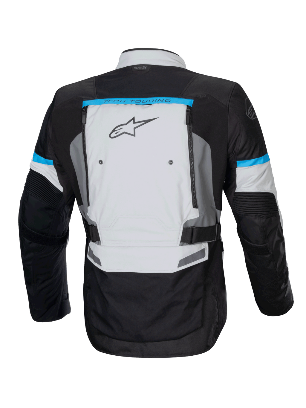 Alpinestars Bogotá Pro Drystar jacka, MC-jacka i isgrått och svart med cyandetaljer, vy bakifrån med ryggventilation.