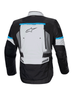 Alpinestars Bogotá Pro Drystar jacka, MC-jacka i isgrått och svart med cyandetaljer, vy bakifrån med ryggventilation.