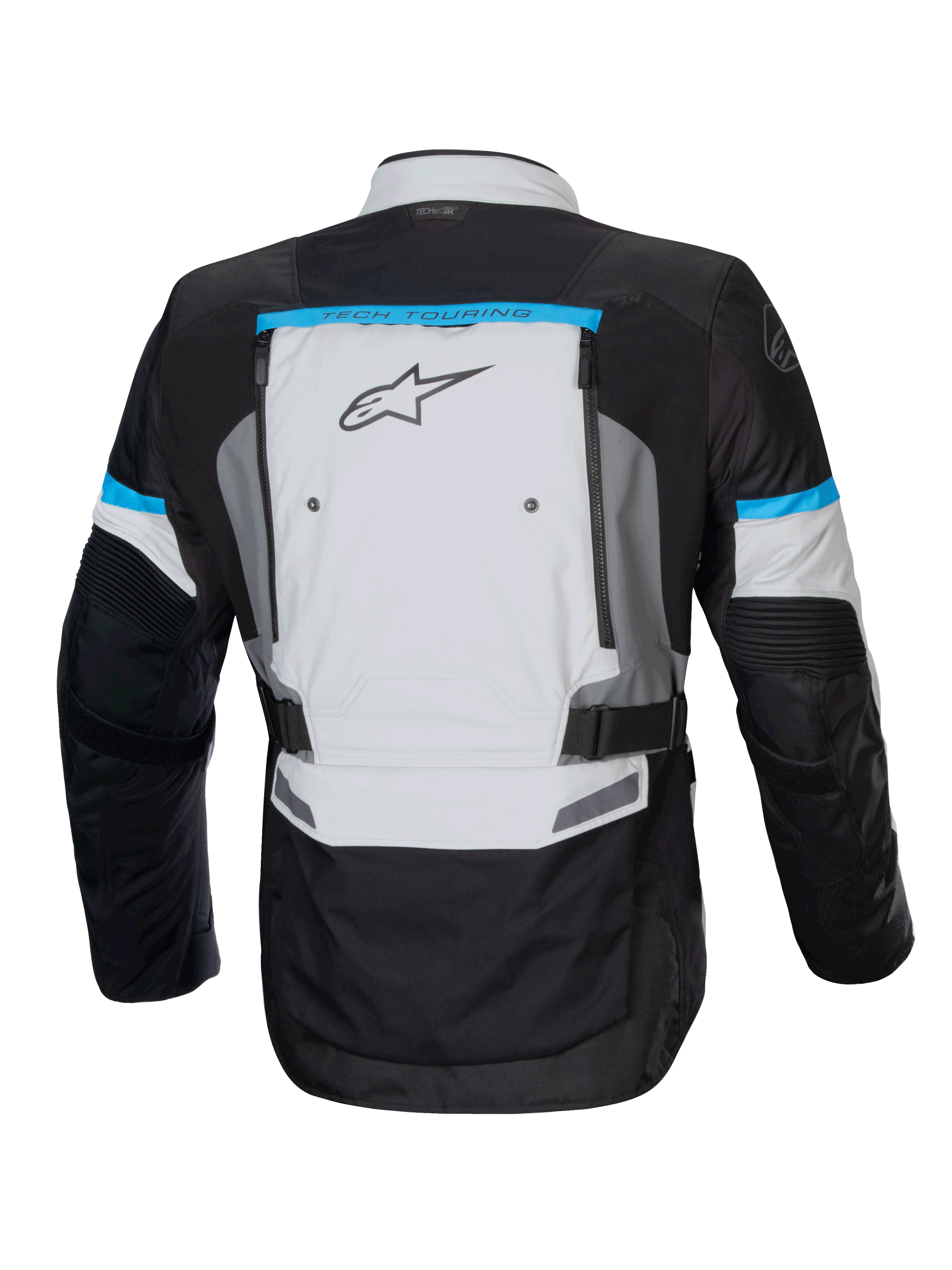 Alpinestars Bogotá Pro Drystar jacka, MC-jacka i isgrått och svart med cyandetaljer, vy bakifrån med ryggventilation.